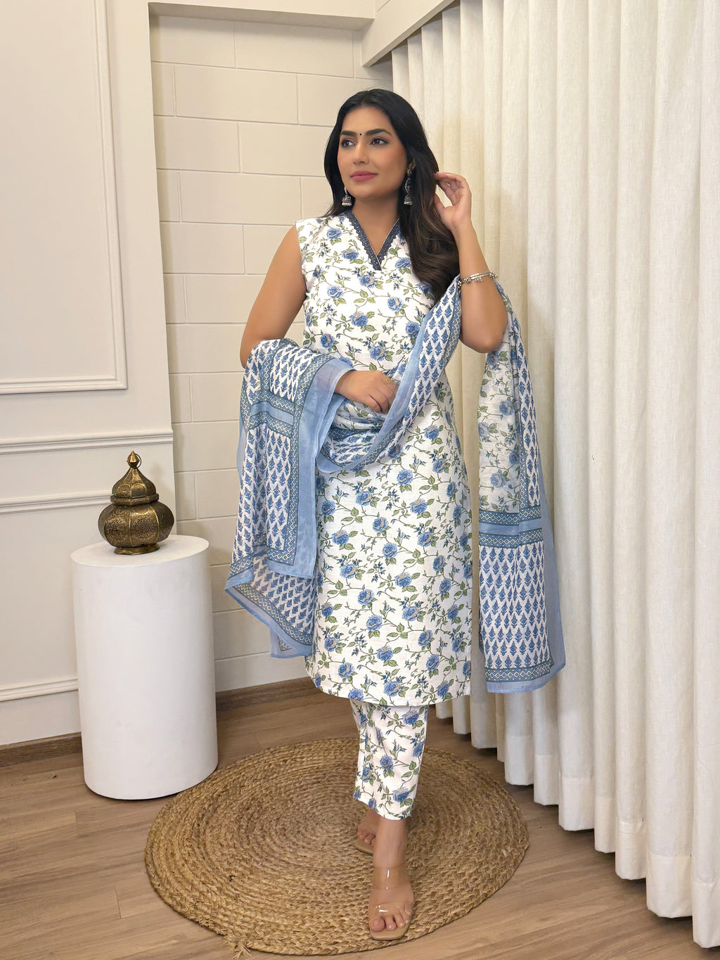 Women's Cotton Slub Floral Kurti Set with Chanderi Dupatta