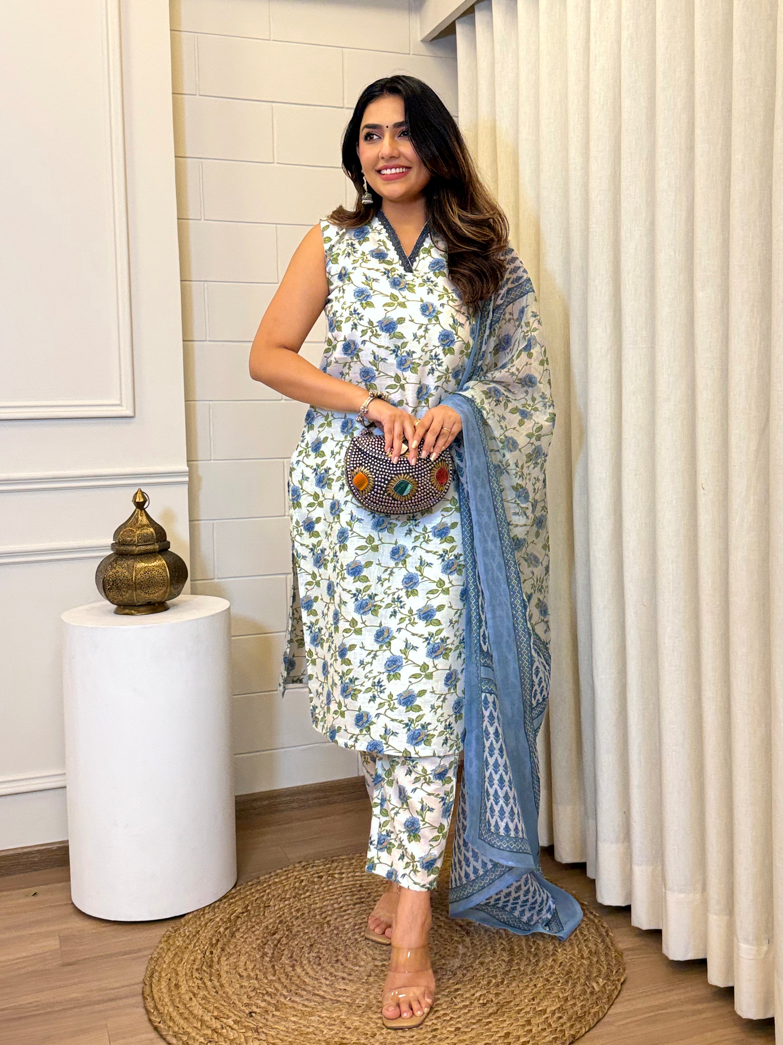 Women's Cotton Slub Floral Kurti Set with Chanderi Dupatta