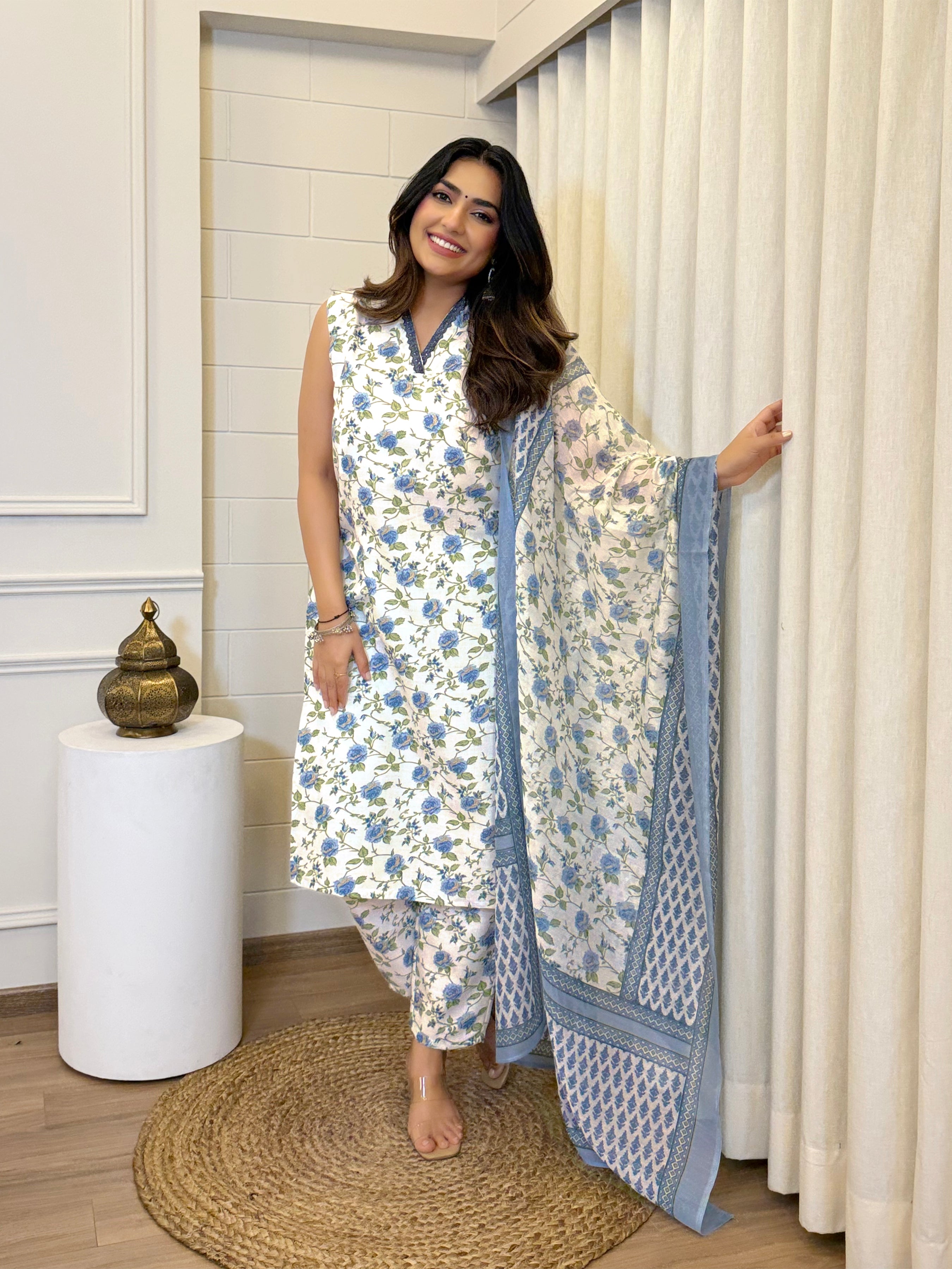 Women's Cotton Slub Floral Kurti Set with Chanderi Dupatta