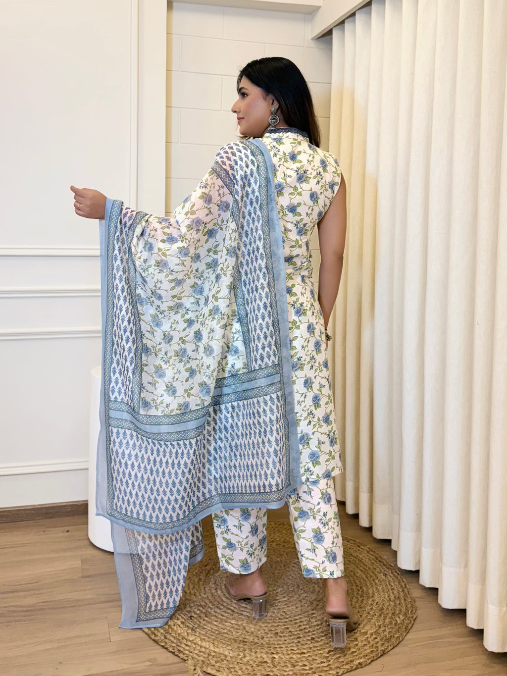 Women's Cotton Slub Floral Kurti Set with Chanderi Dupatta