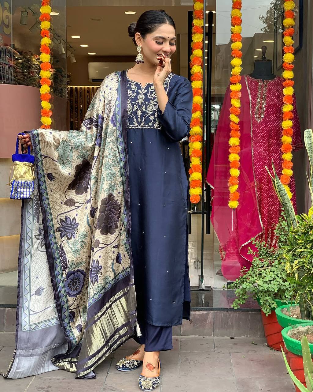 Viscose Chanderi Embroidered Kurti Set with Lagdi Satin Dupatta