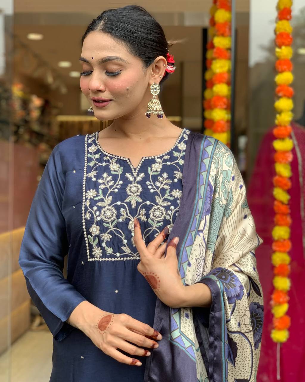 Viscose Chanderi Embroidered Kurti Set with Lagdi Satin Dupatta