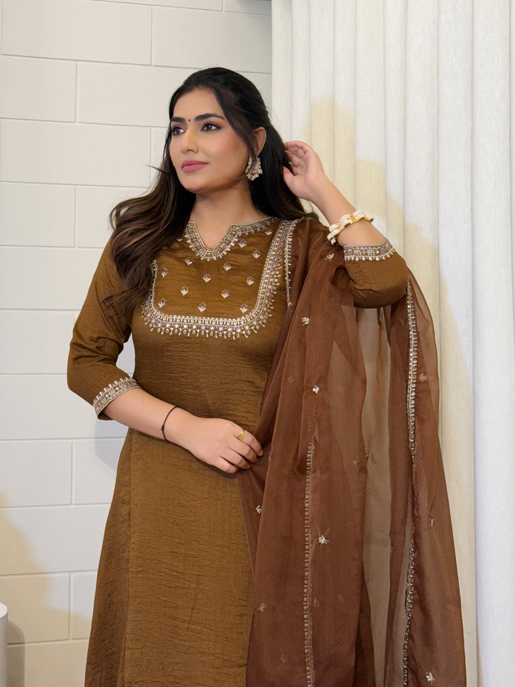 Women's Vichitra Silk Embroidered Kurti Set with Full Organza Dupatta