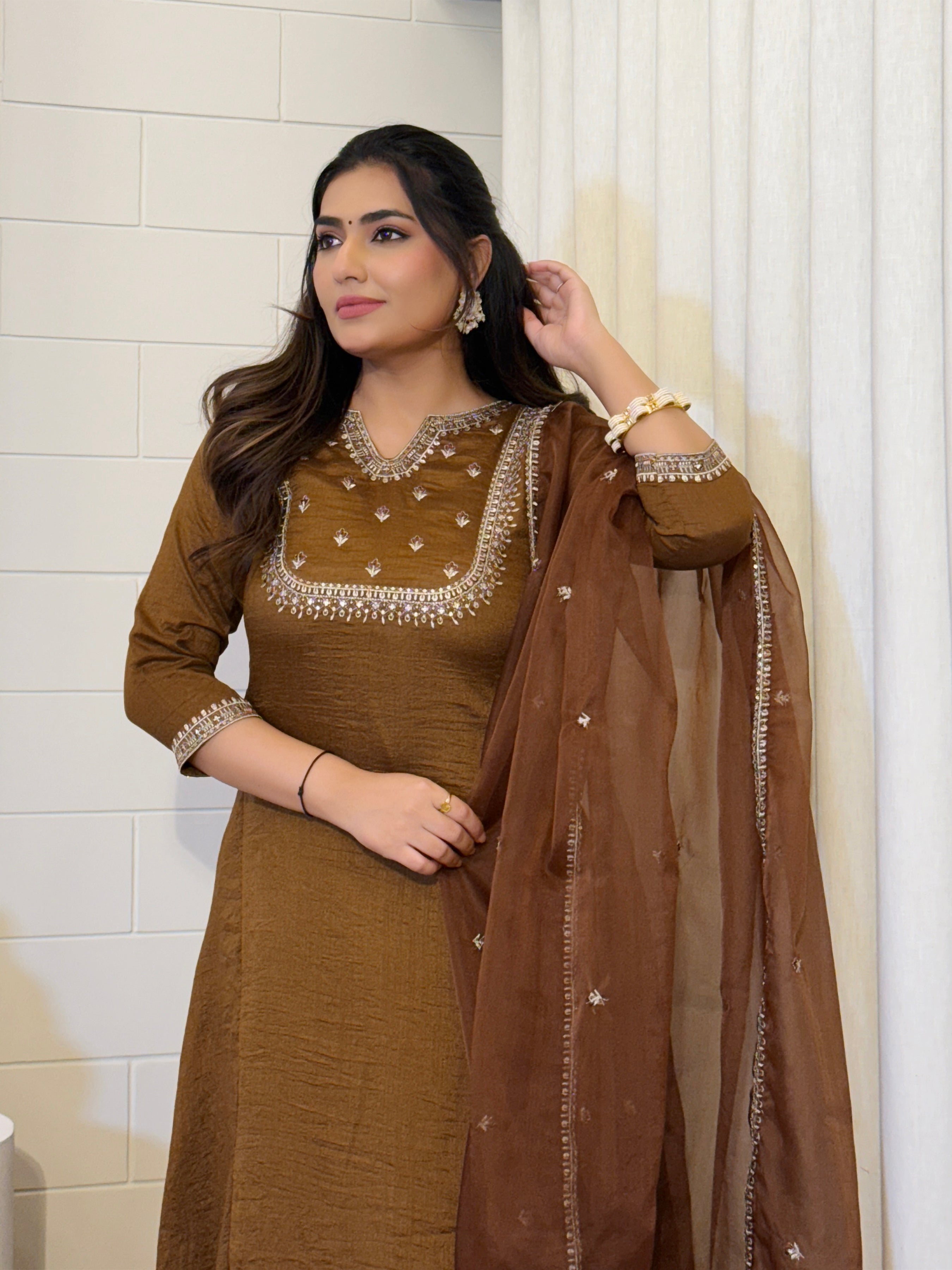 Women's Vichitra Silk Embroidered Kurti Set with Full Organza Dupatta