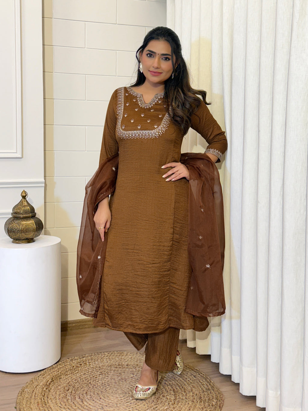 Women's Vichitra Silk Embroidered Kurti Set with Full Organza Dupatta