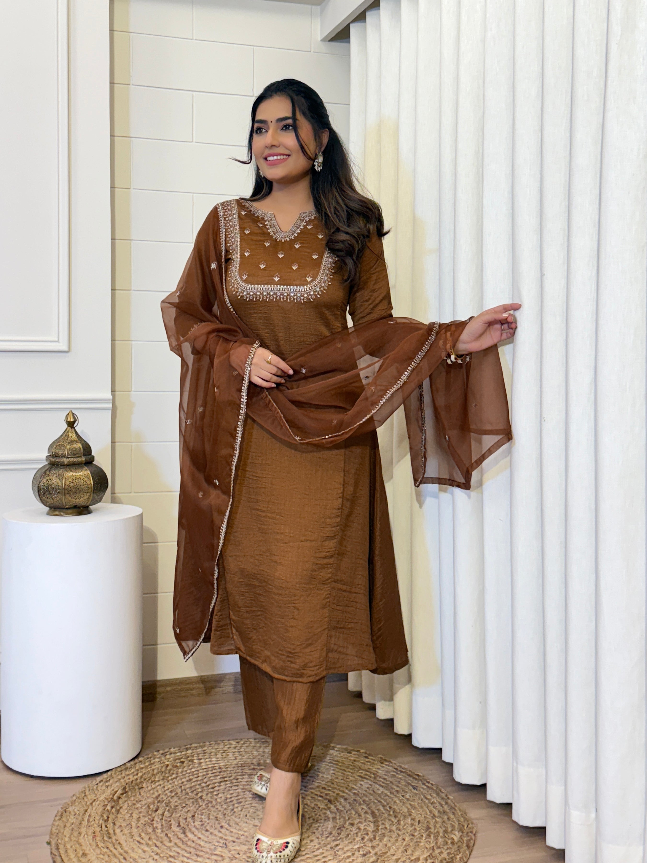 Women's Vichitra Silk Embroidered Kurti Set with Full Organza Dupatta