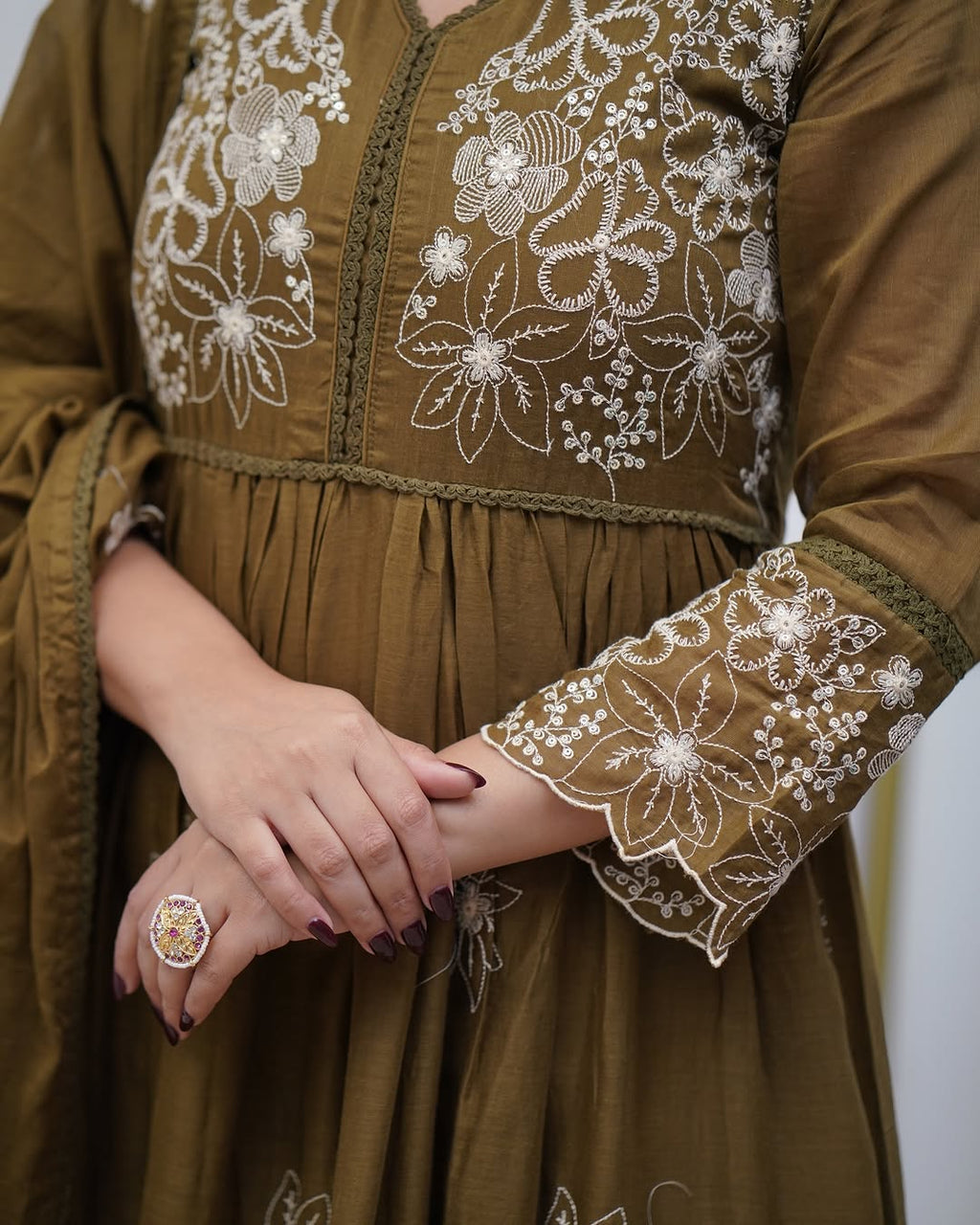 Women's Cotton Silk Heavy Embroidered Gown with Chikan Lace & Chanderi Dupatta