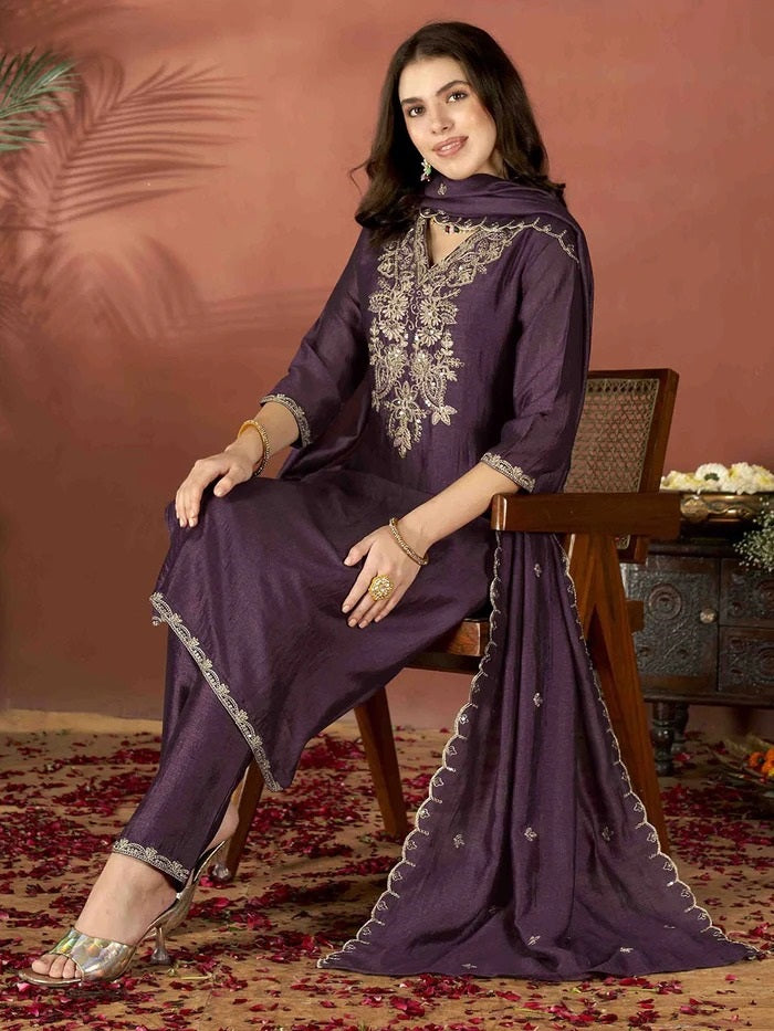Women's Vichitra Wine Kurti Pant Set with Embroidered Vichitra Dupatta