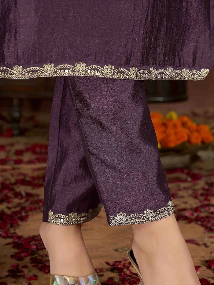 Women's Vichitra Wine Kurti Pant Set with Embroidered Vichitra Dupatta