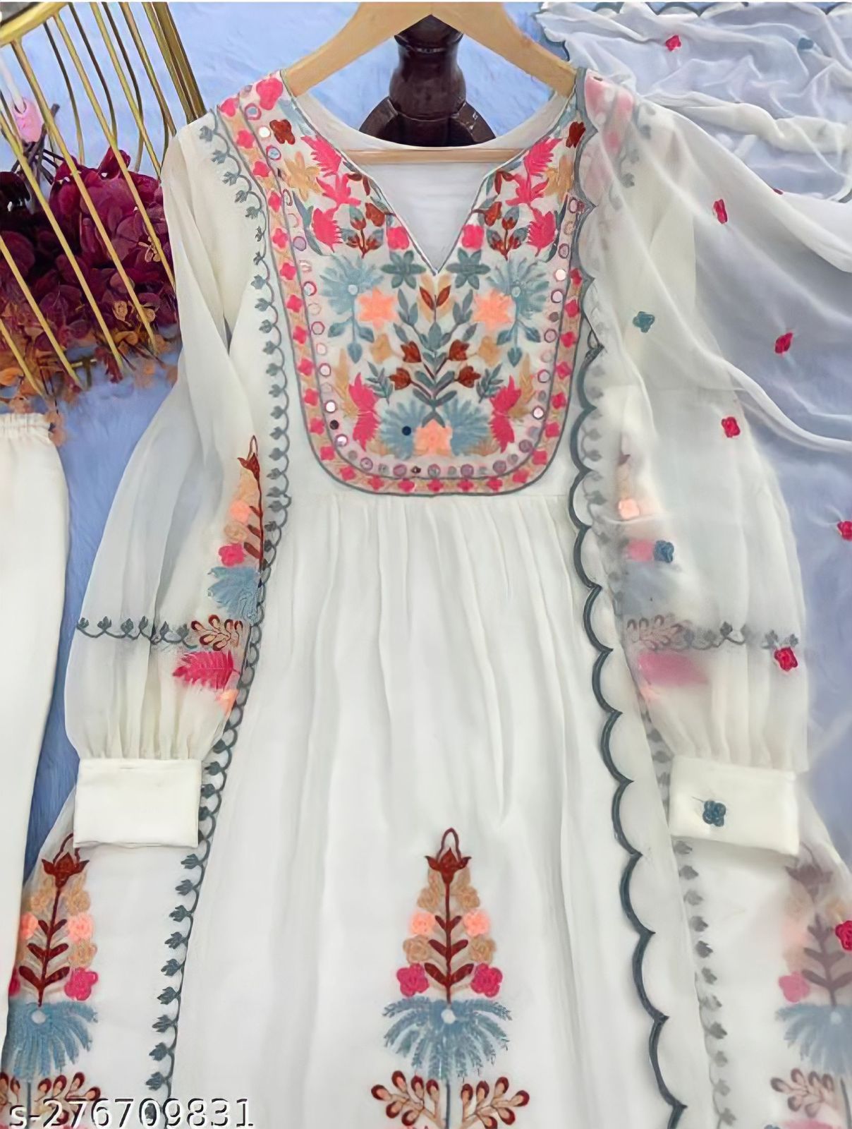 Women's Georgette White & Black Straight Kurta Plazzo Set with Dupatta