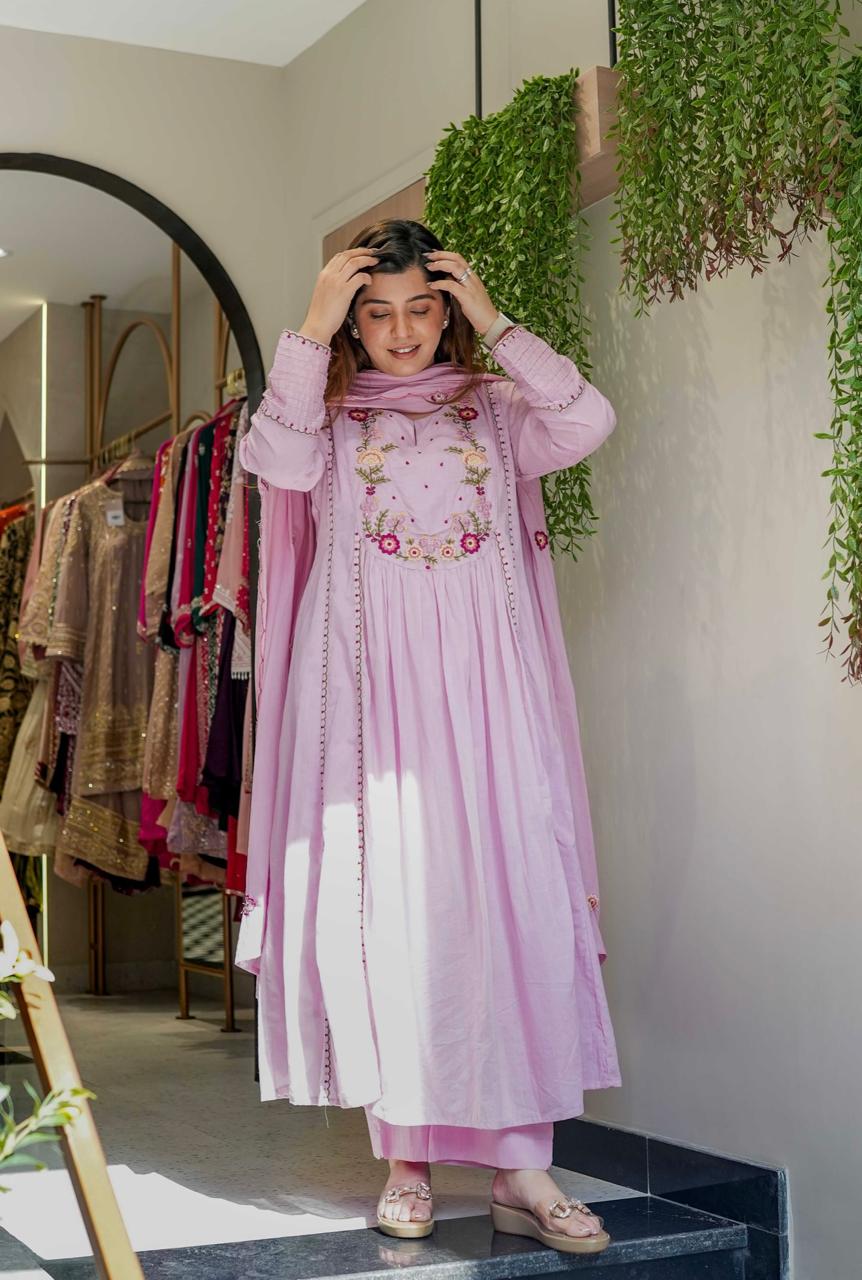 Women's Chanderi Silk Kurti Pant Set with Organza Dupatta in Pista & Pink