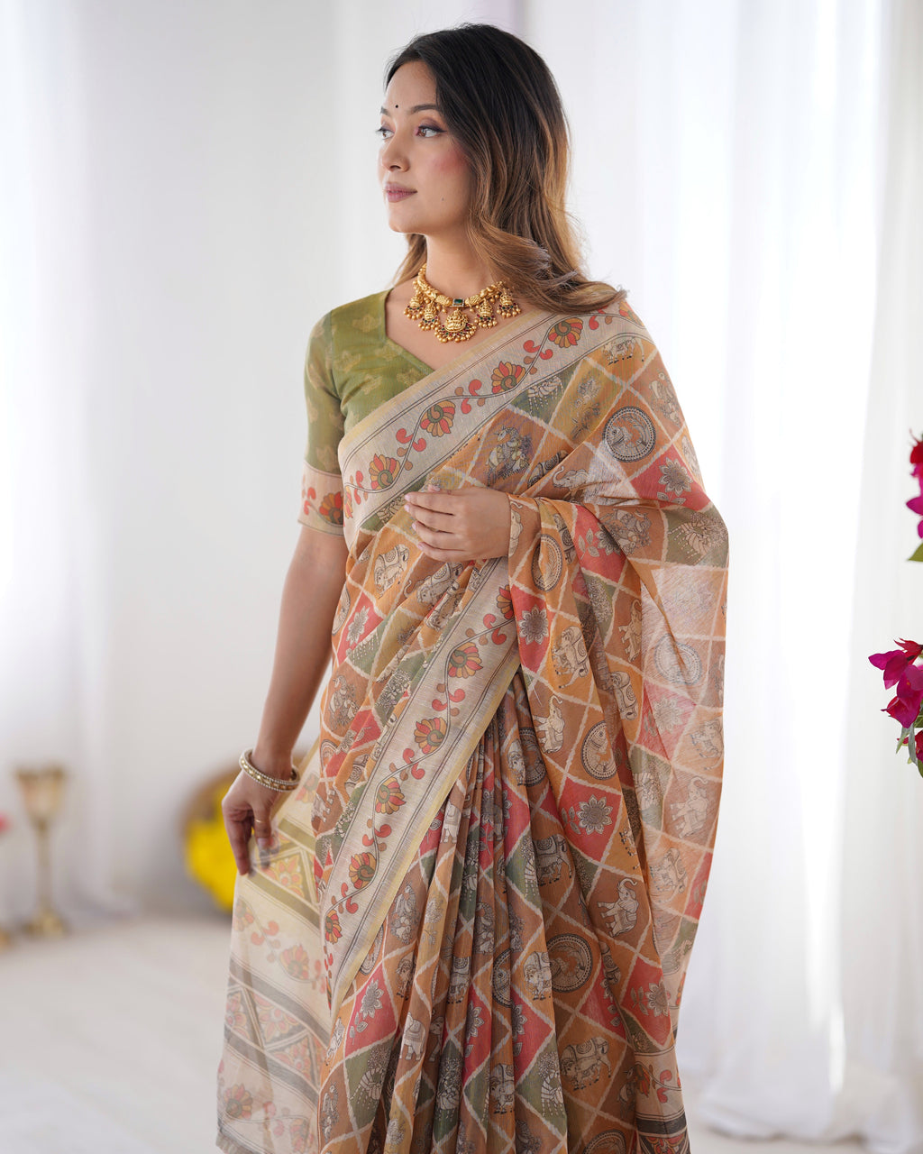 Multicolor Zari Woven Handloom Cotton Saree with Traditional Animal & Floral Motifs and Tassels