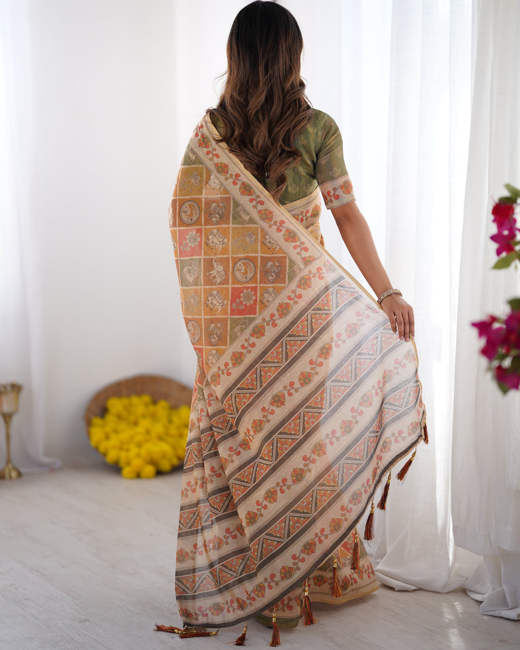 Multicolor Zari Woven Handloom Cotton Saree with Traditional Animal & Floral Motifs and Tassels