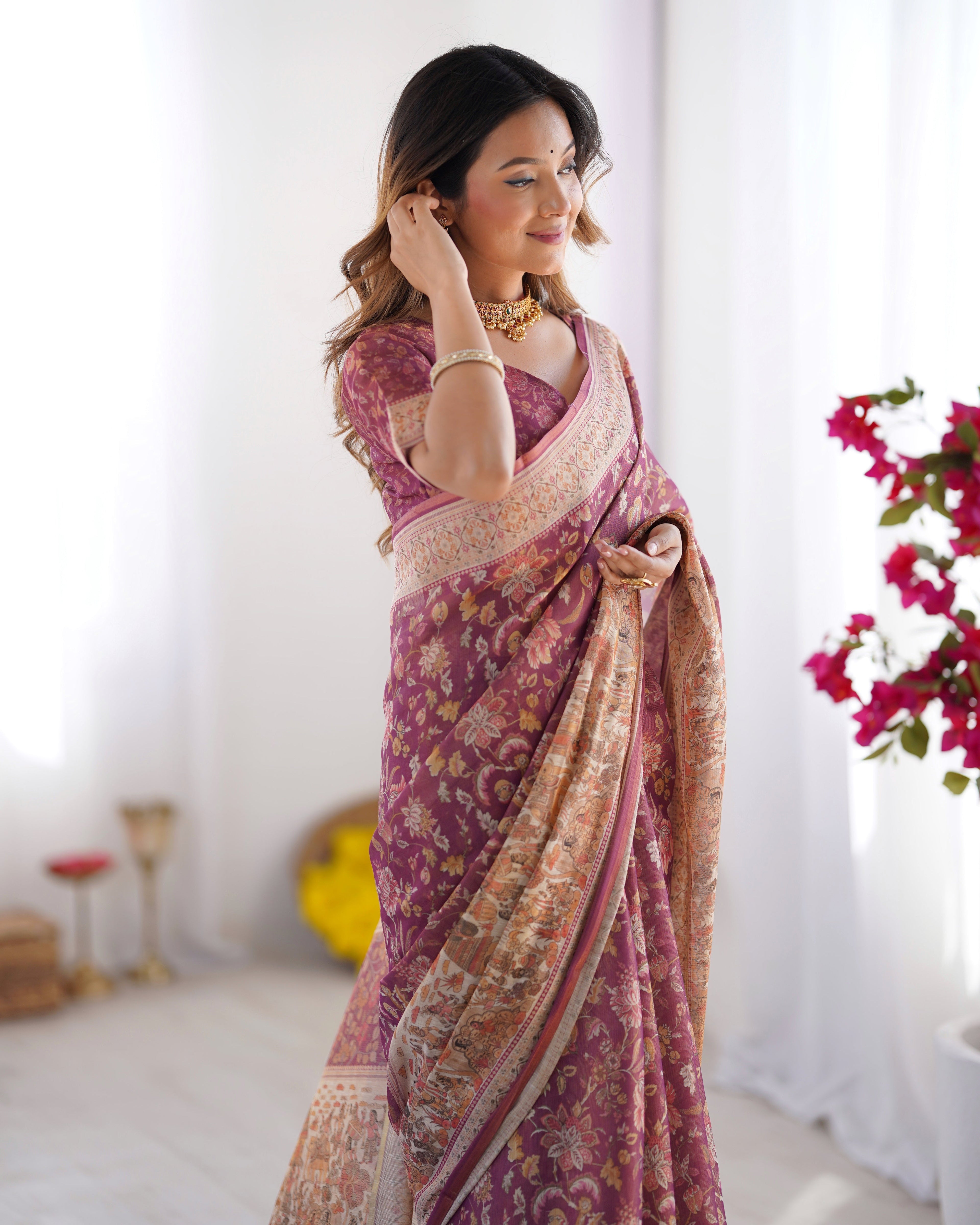 Plum Handloom Cotton Saree with Floral Print, Mythical Border & Tassels