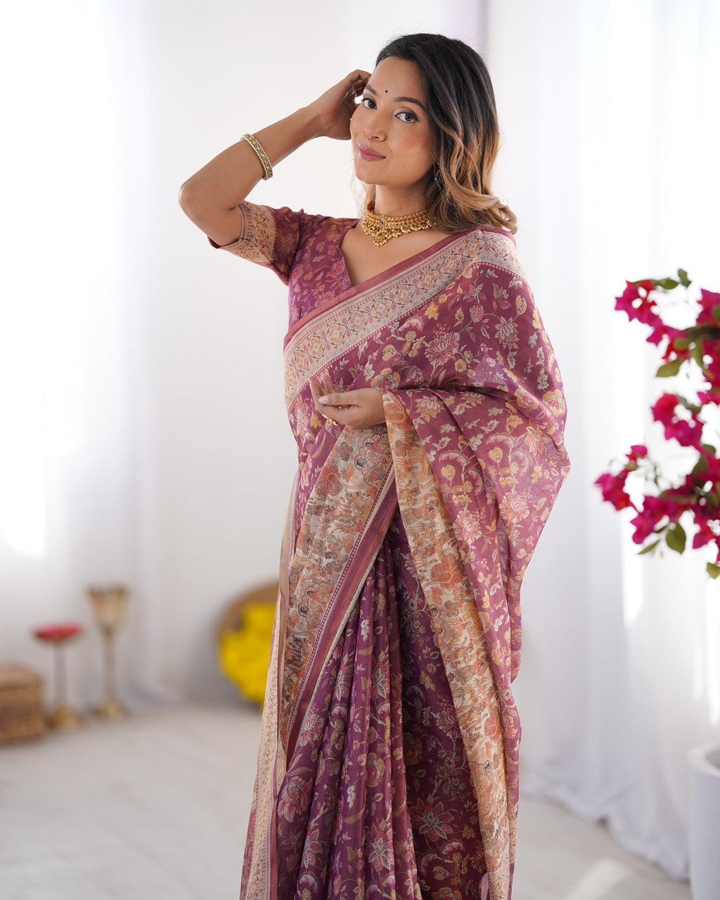 Plum Handloom Cotton Saree with Floral Print, Mythical Border & Tassels