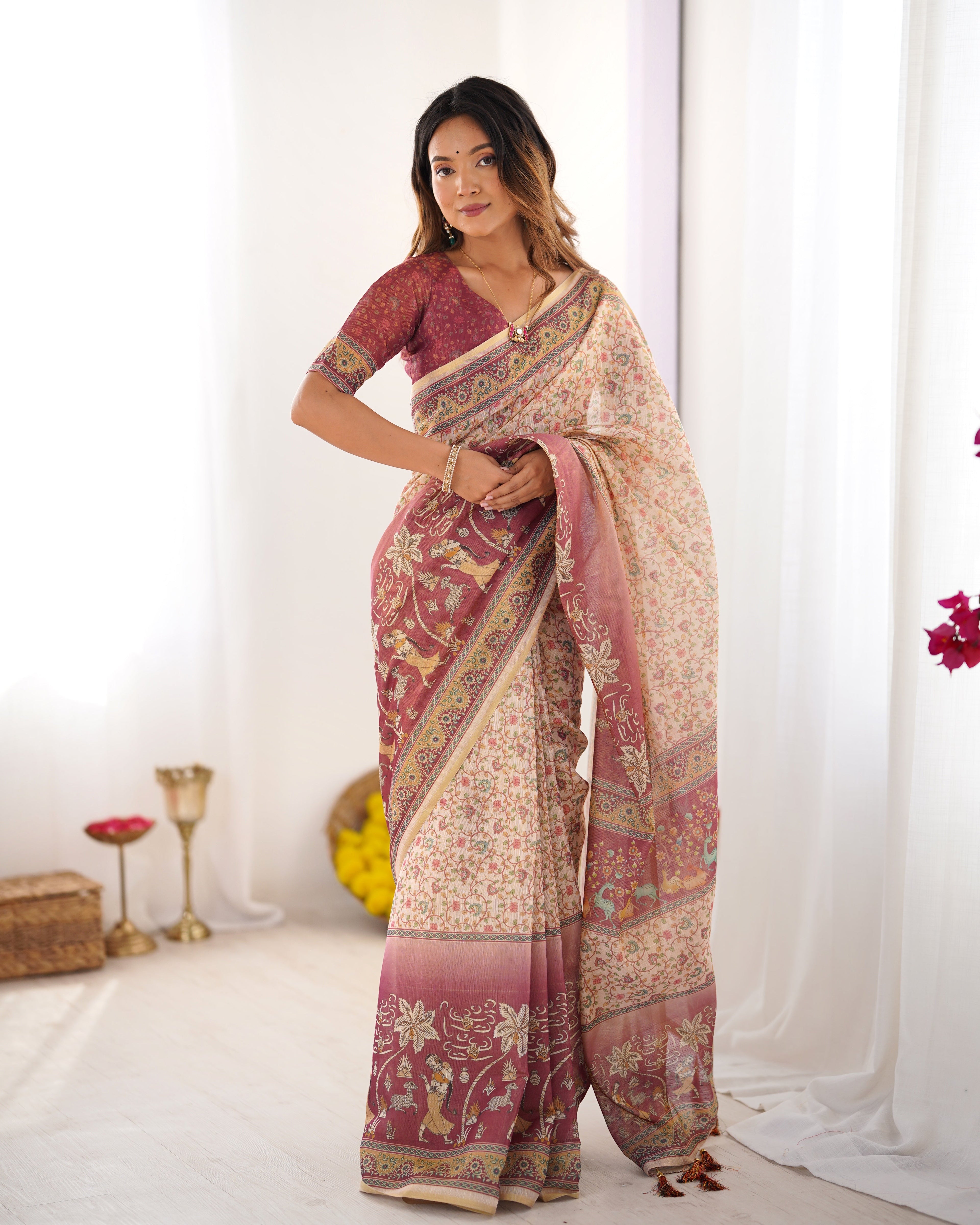 Beige & Mauve Handloom Cotton Saree with Floral Jaal, Peacock Motifs & Storytelling Pallu