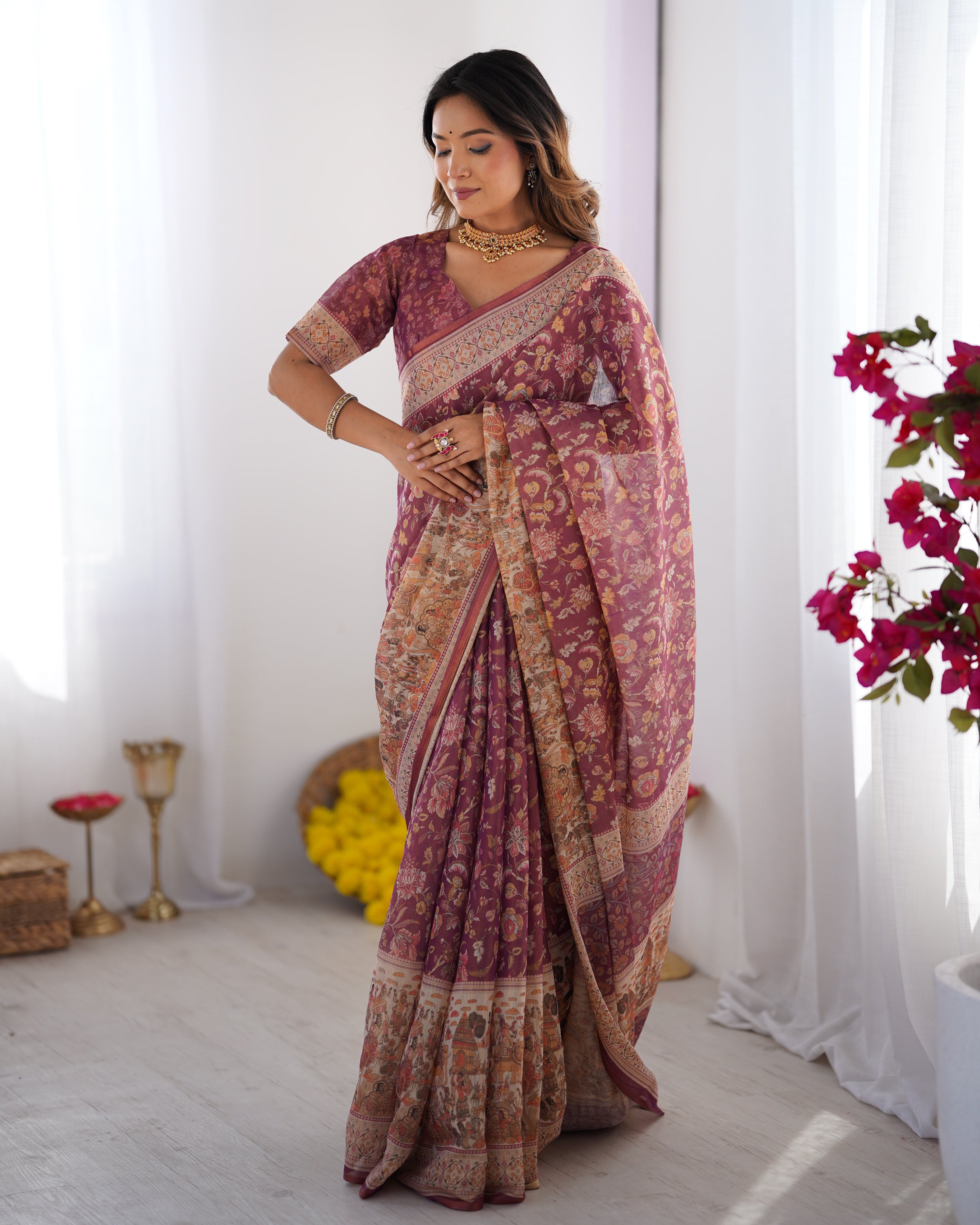 Plum Handloom Cotton Saree with Floral Print, Mythical Border & Tassels