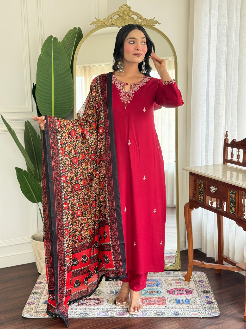 Women's Pure Viscose Rayon Straight Kurta Pant Set with Printed Cotton Blend Dupatta