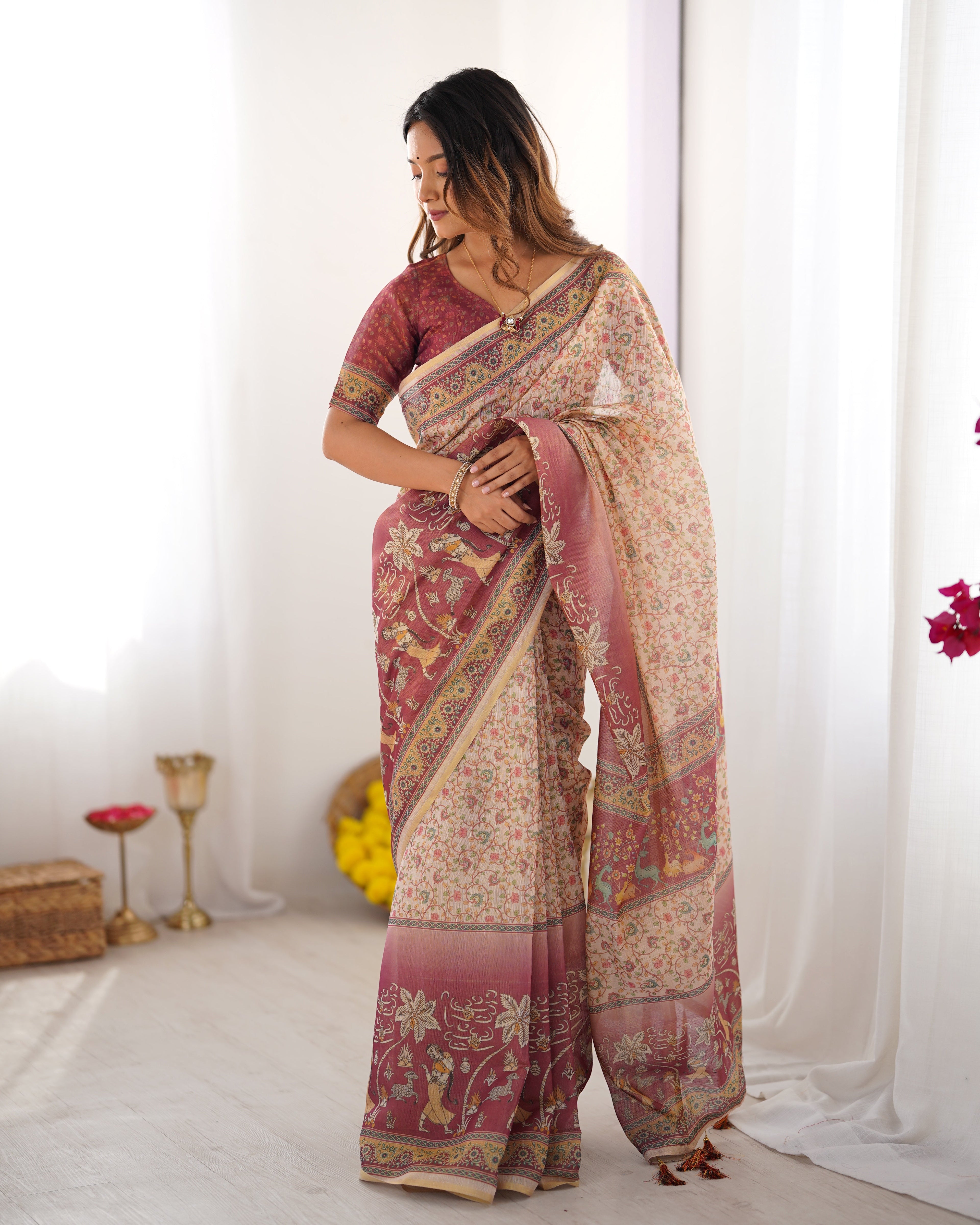 Beige & Mauve Handloom Cotton Saree with Floral Jaal, Peacock Motifs & Storytelling Pallu