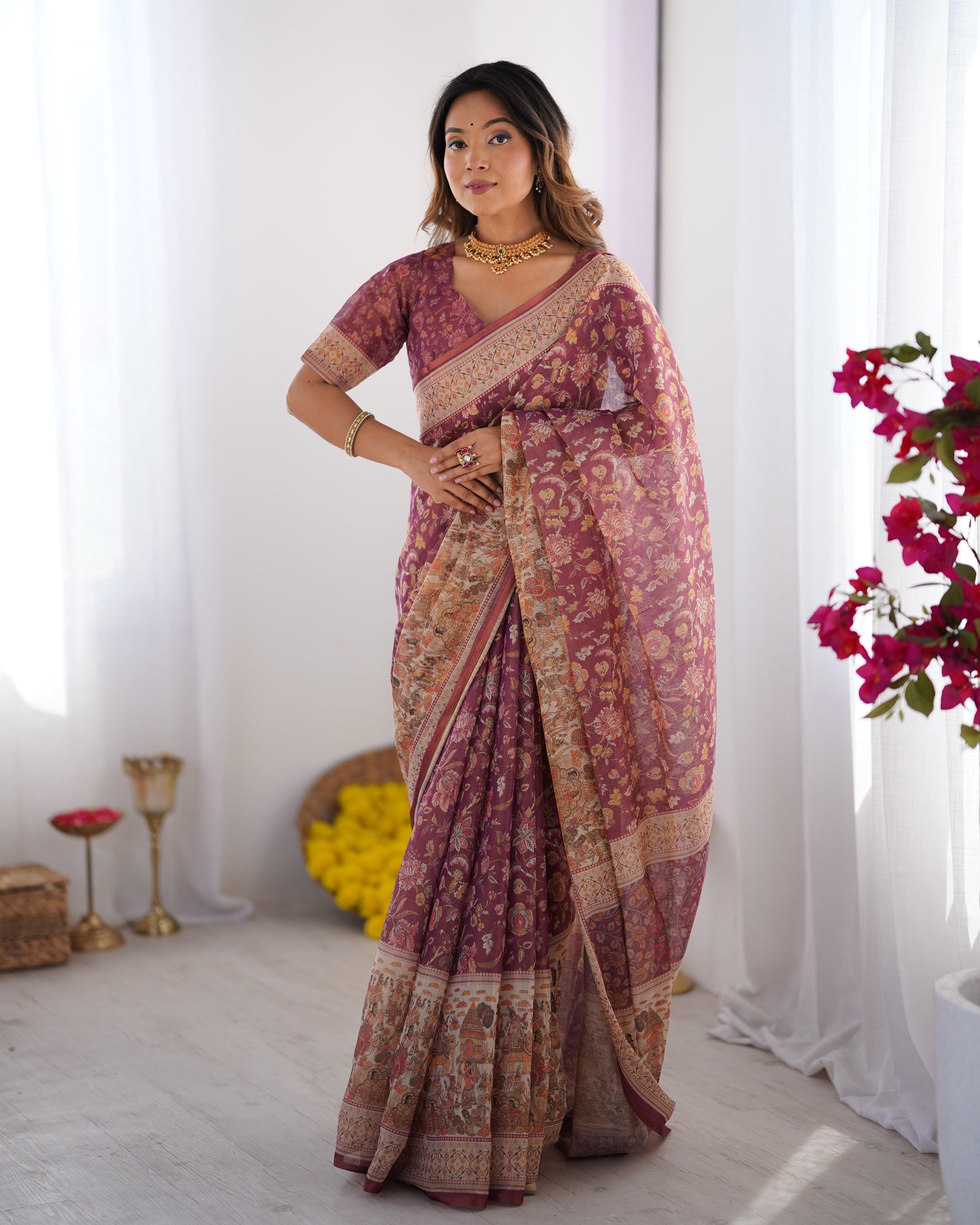 Plum Handloom Cotton Saree with Floral Print, Mythical Border & Tassels