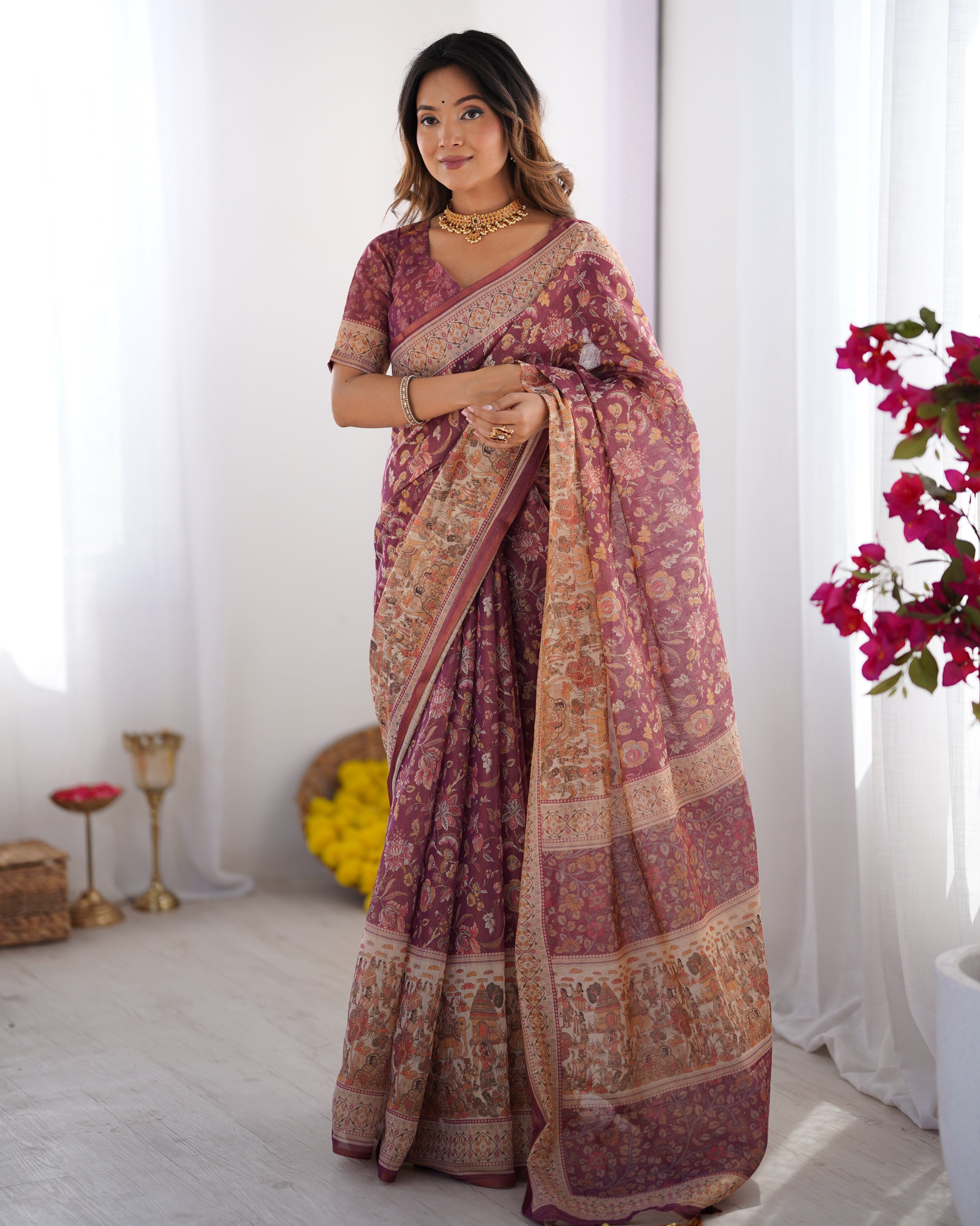 Plum Handloom Cotton Saree with Floral Print, Mythical Border & Tassels