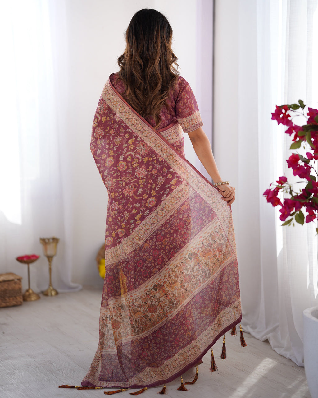 Plum Handloom Cotton Saree with Floral Print, Mythical Border & Tassels