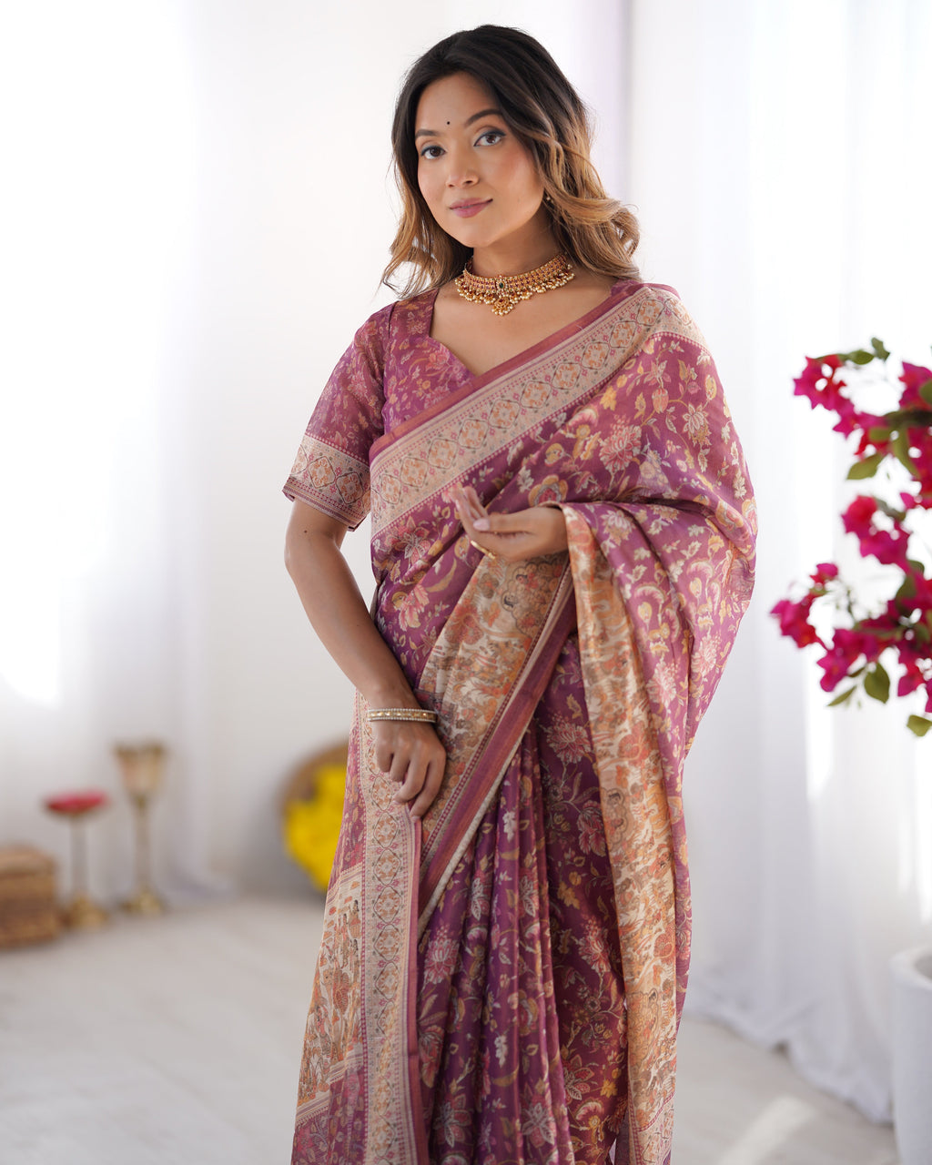 Plum Handloom Cotton Saree with Floral Print, Mythical Border & Tassels