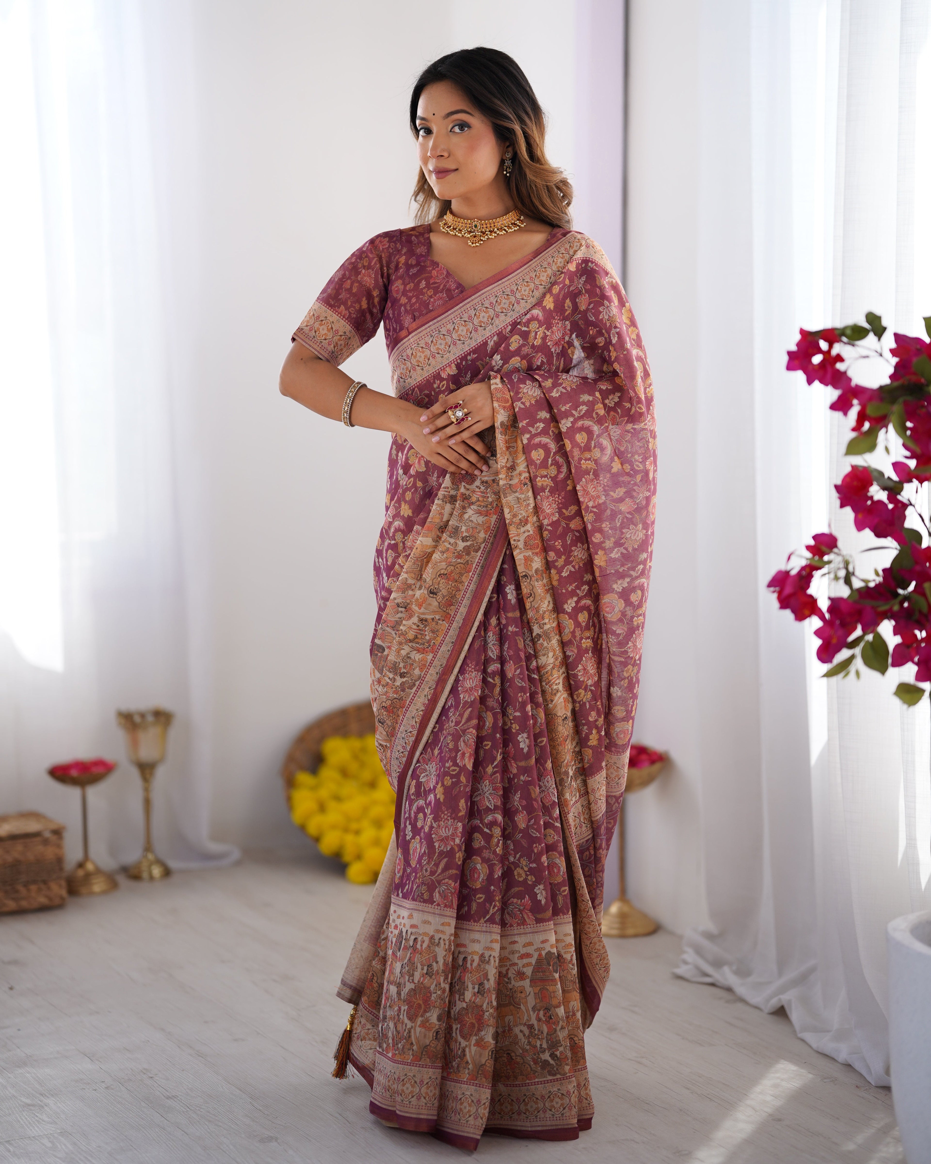 Plum Handloom Cotton Saree with Floral Print, Mythical Border & Tassels