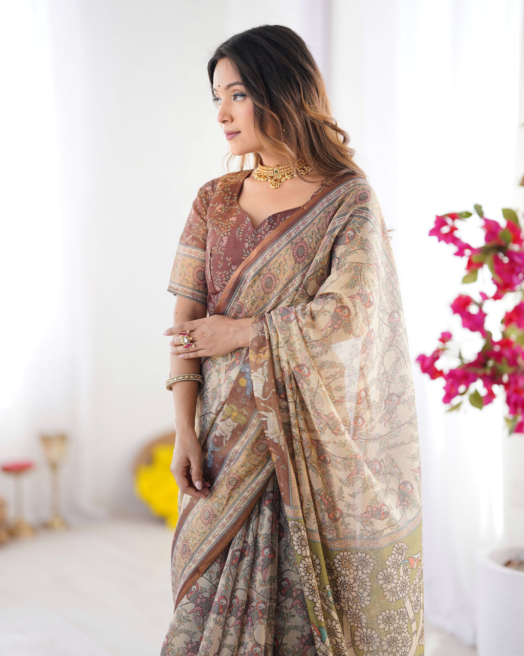 Beige & Brown Handloom Cotton Saree with Mythical Kalamkari Pallu and Elephant Motifs