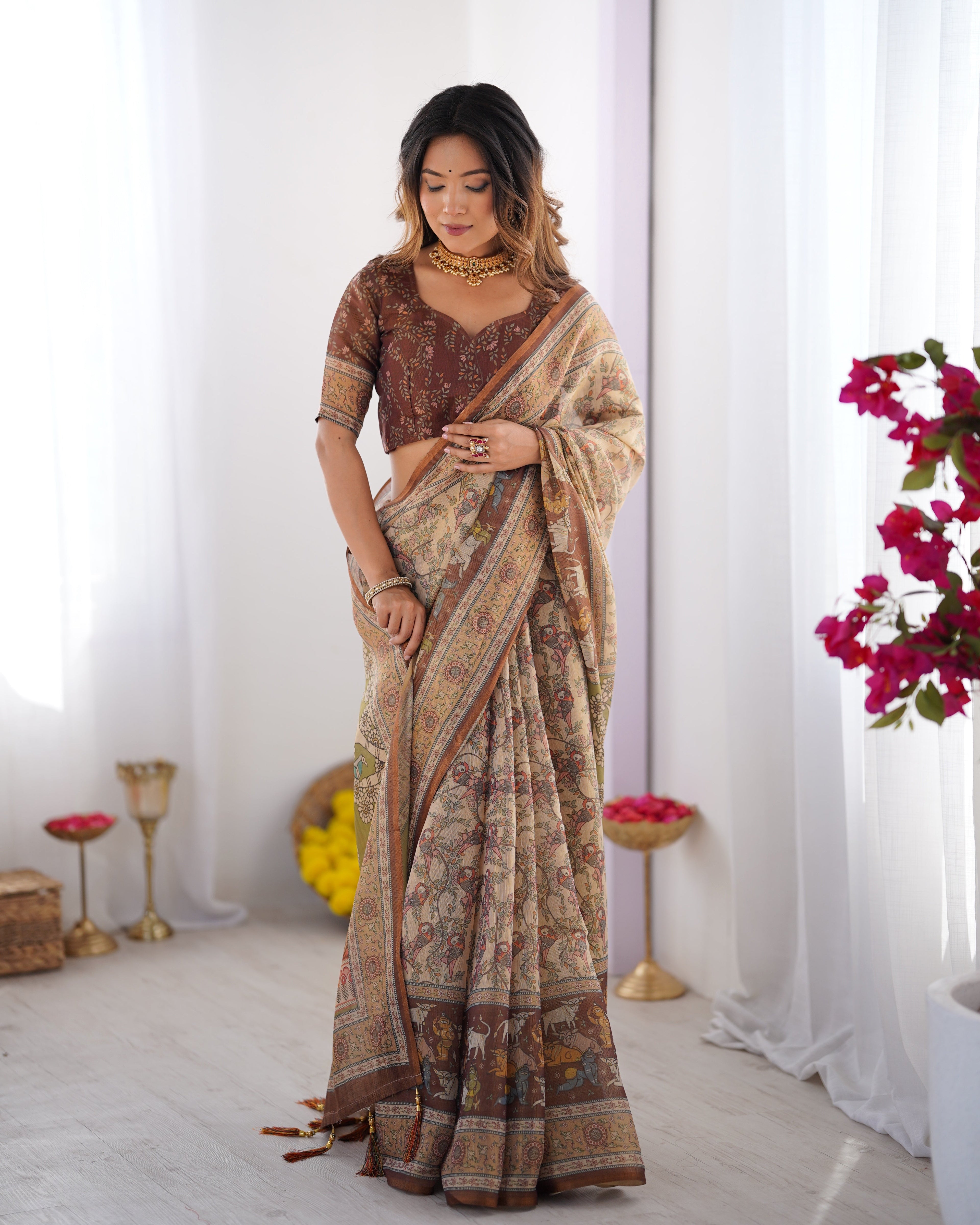 Beige & Brown Handloom Cotton Saree with Mythical Kalamkari Pallu and Elephant Motifs