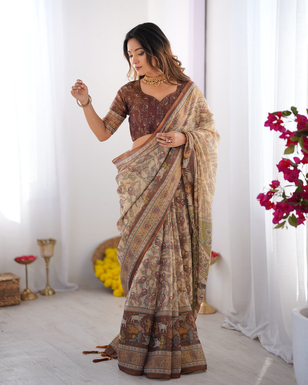 Beige & Brown Handloom Cotton Saree with Mythical Kalamkari Pallu and Elephant Motifs