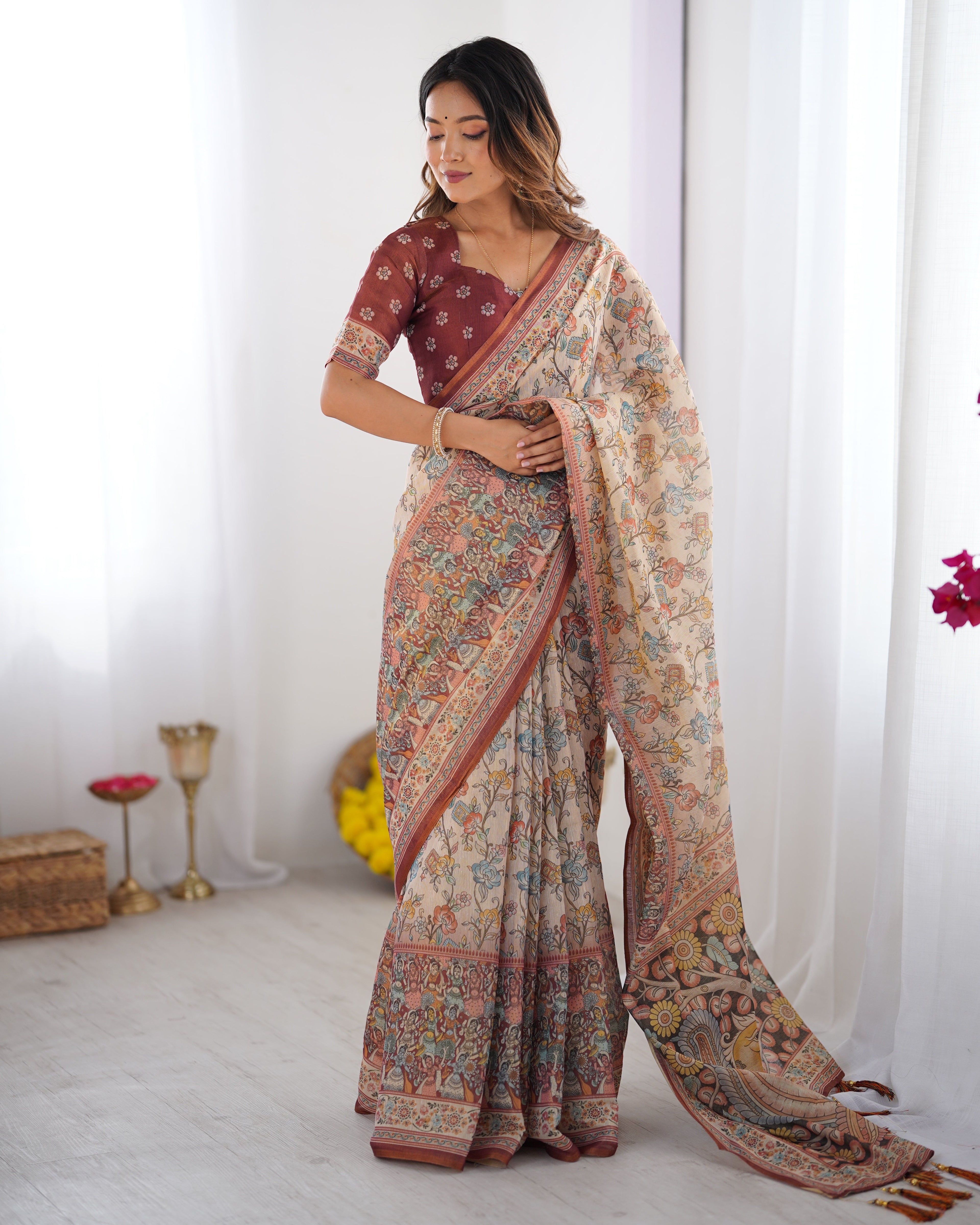 Beige & Maroon Handloom Cotton Saree with Multicolor Floral Print and Majestic Bird Art Pallu
