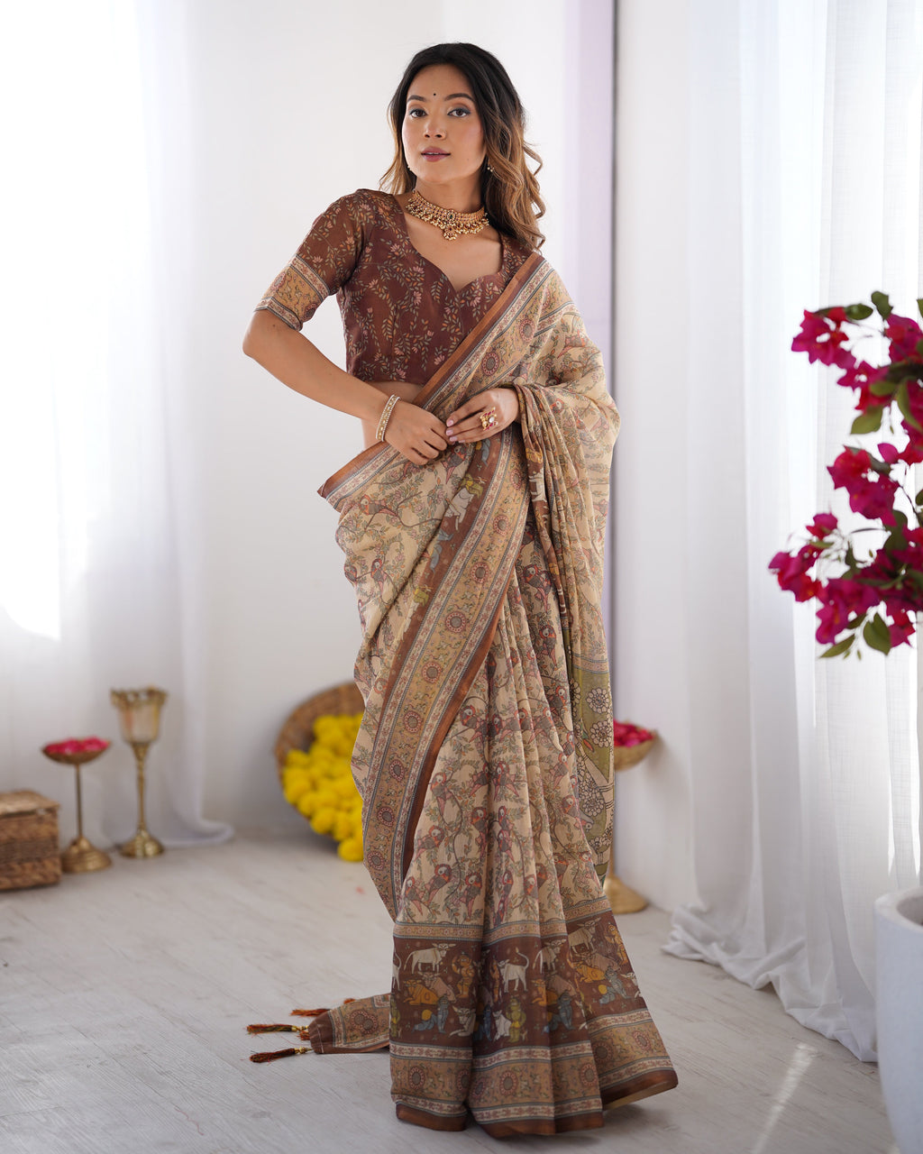 Beige & Brown Handloom Cotton Saree with Mythical Kalamkari Pallu and Elephant Motifs