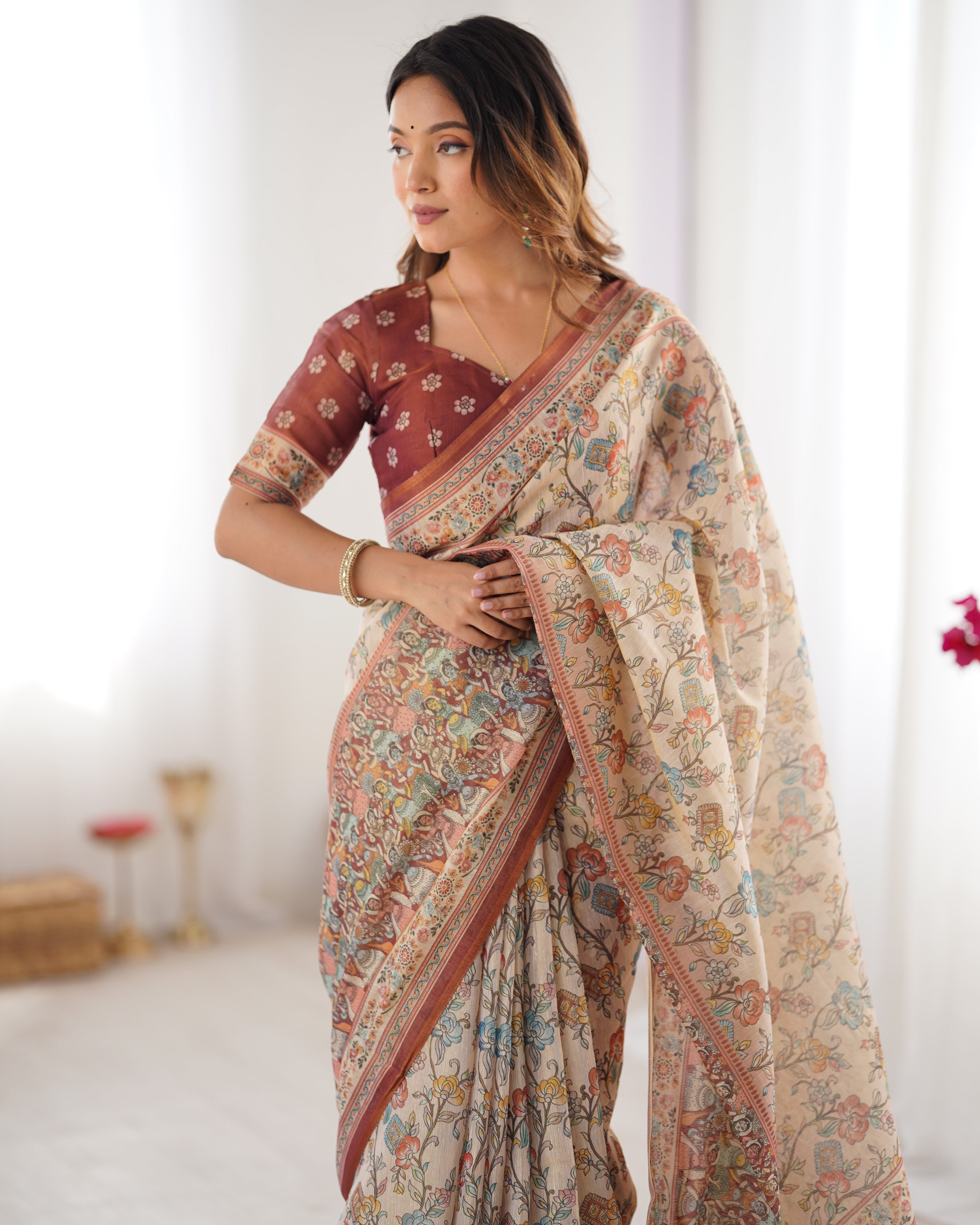 Beige & Maroon Handloom Cotton Saree with Multicolor Floral Print and Majestic Bird Art Pallu
