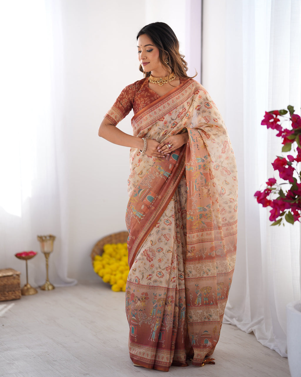 Ivory Handloom Cotton Saree with Maroon Borders, Floral Print & Royal Procession Pallu
