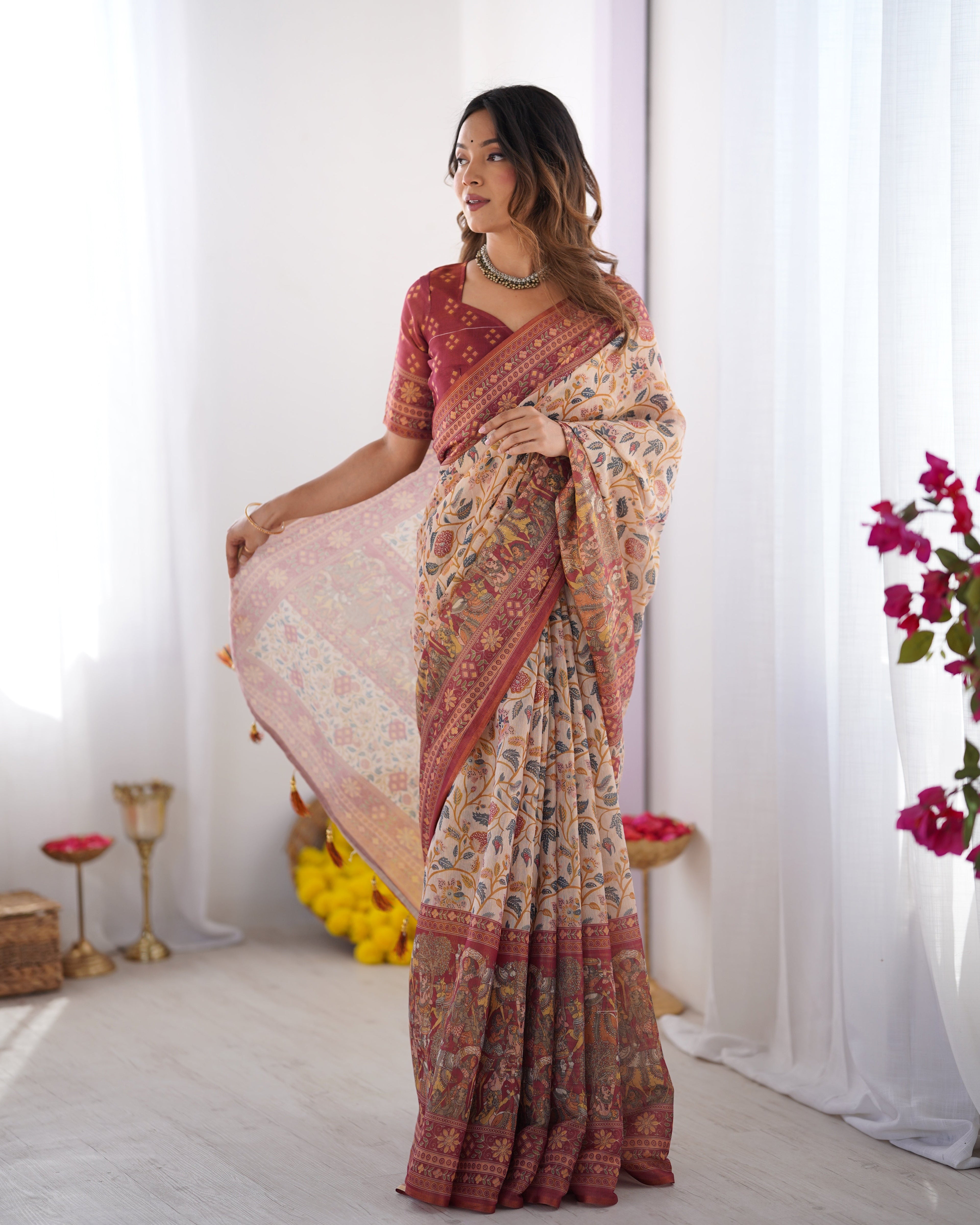 Handloom Beige Cotton Saree with Maroon Blouse, Pomegranate Floral Print & Village Tale Pallu