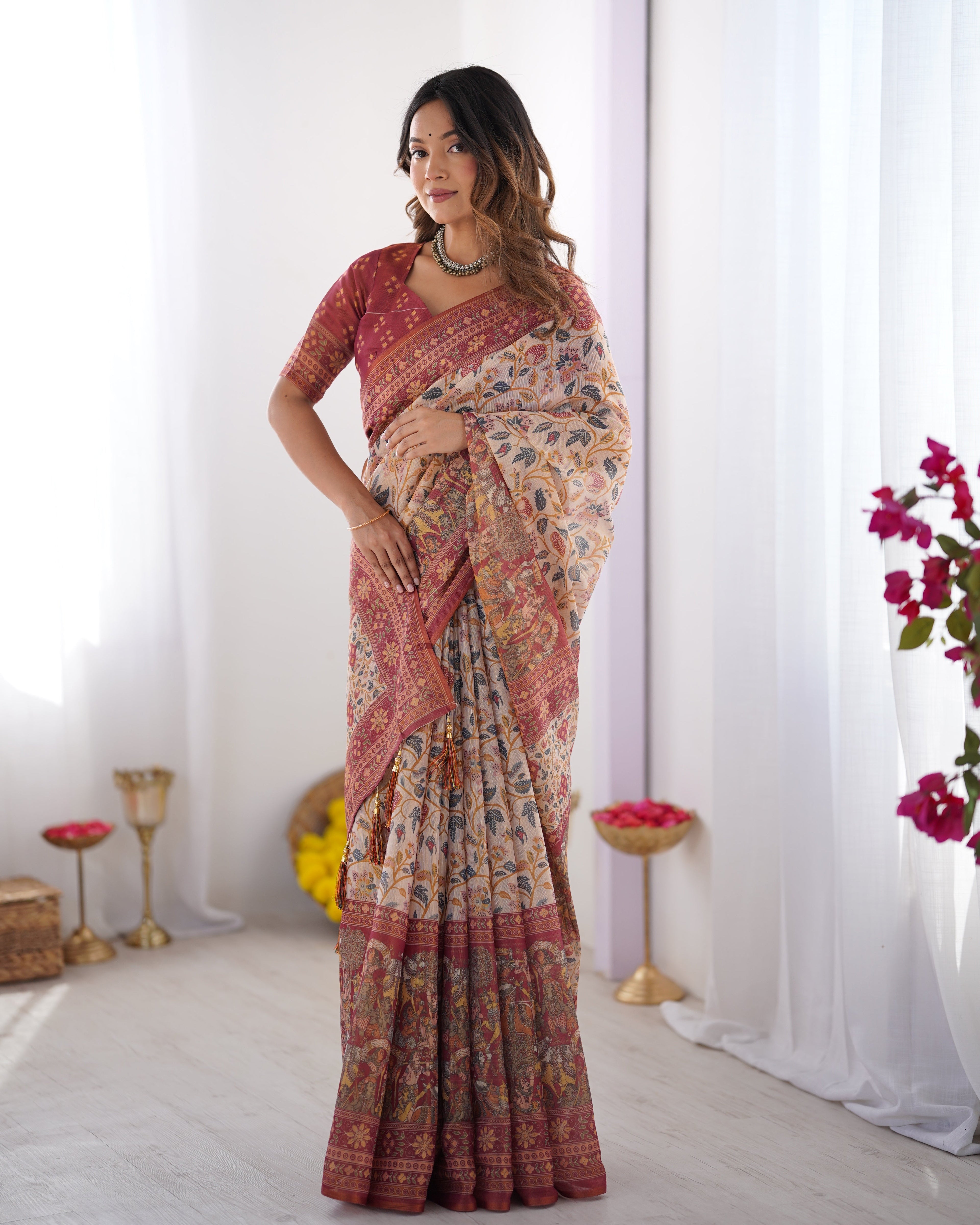 Handloom Beige Cotton Saree with Maroon Blouse, Pomegranate Floral Print & Village Tale Pallu