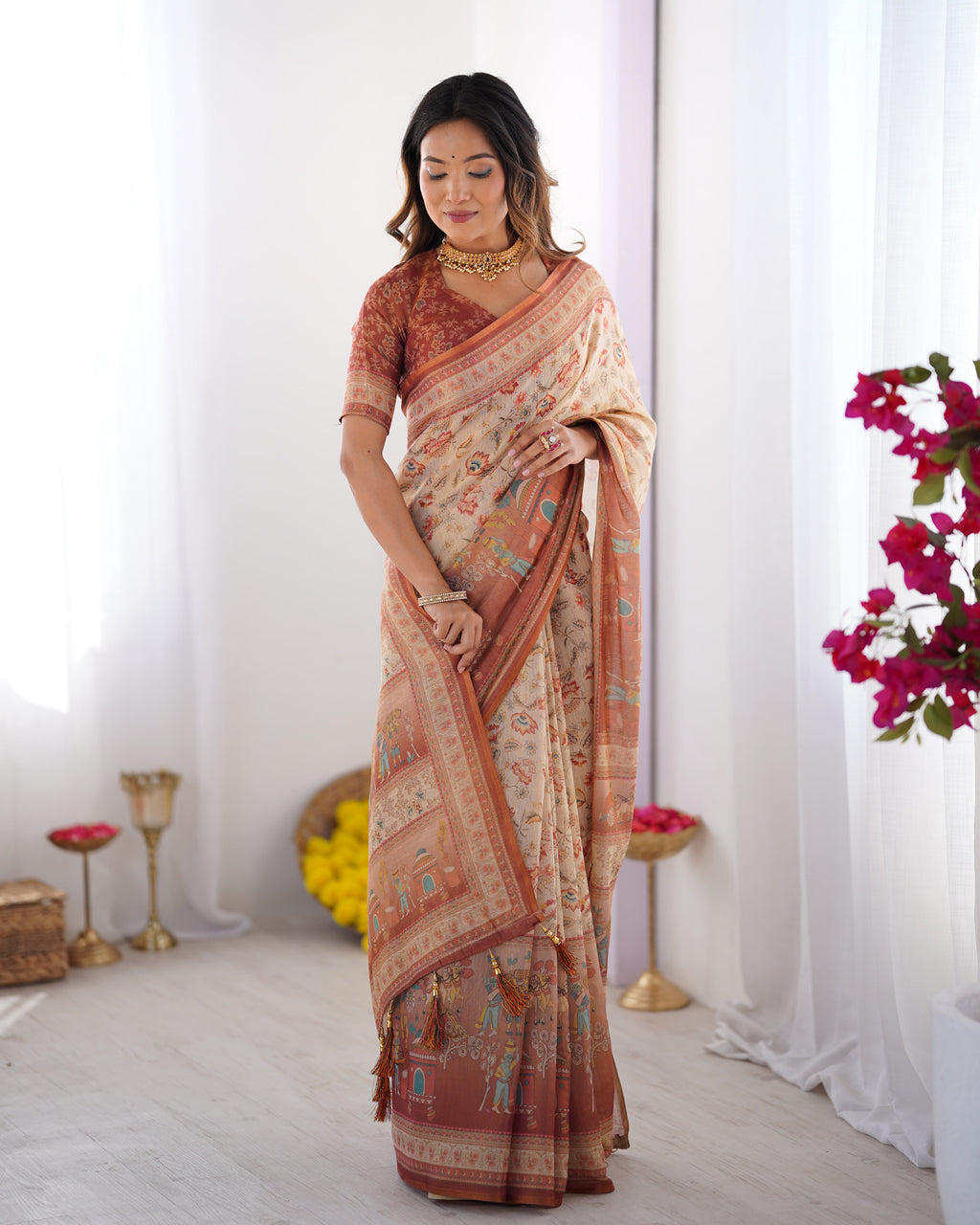 Ivory Handloom Cotton Saree with Maroon Borders, Floral Print & Royal Procession Pallu