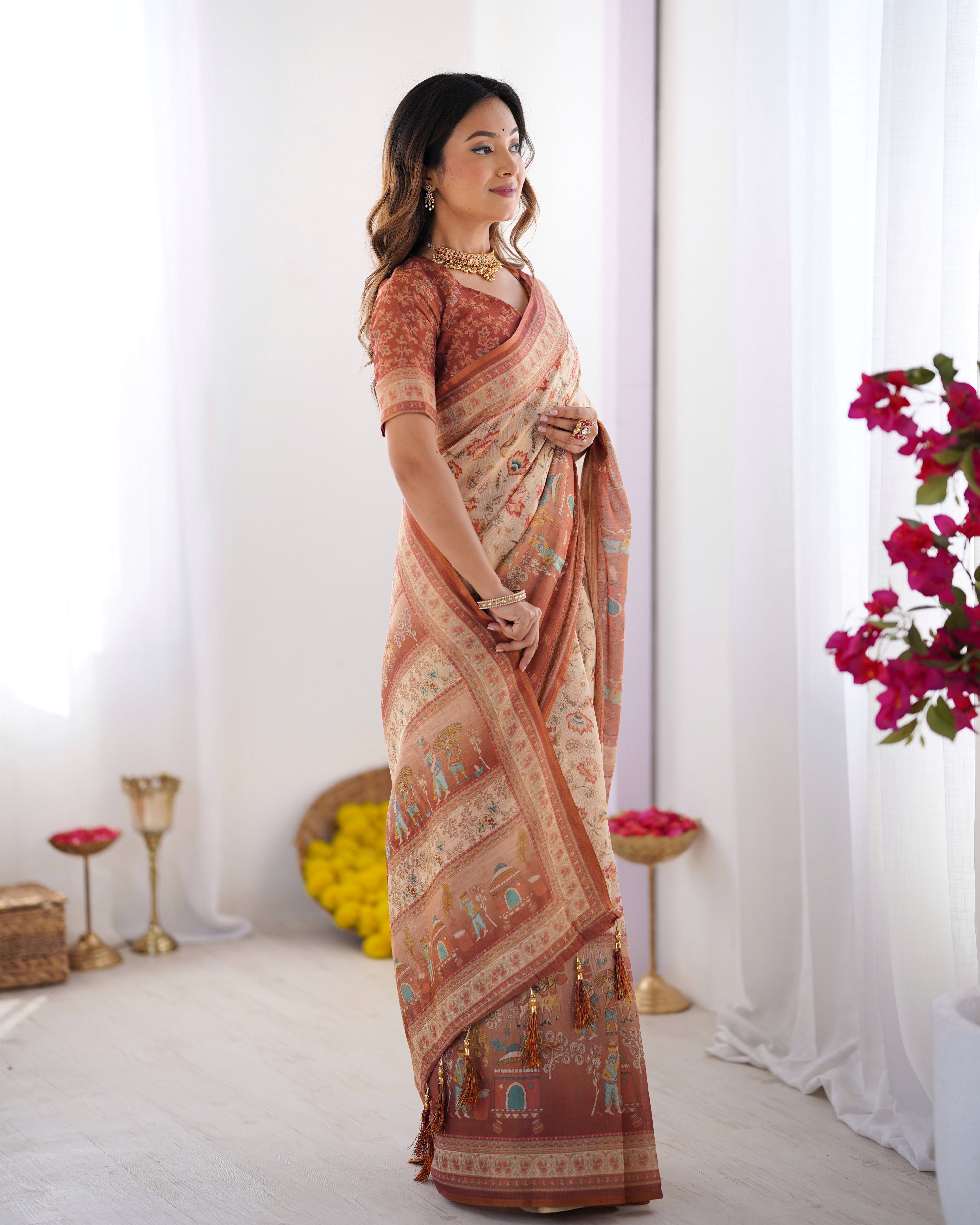 Ivory Handloom Cotton Saree with Maroon Borders, Floral Print & Royal Procession Pallu