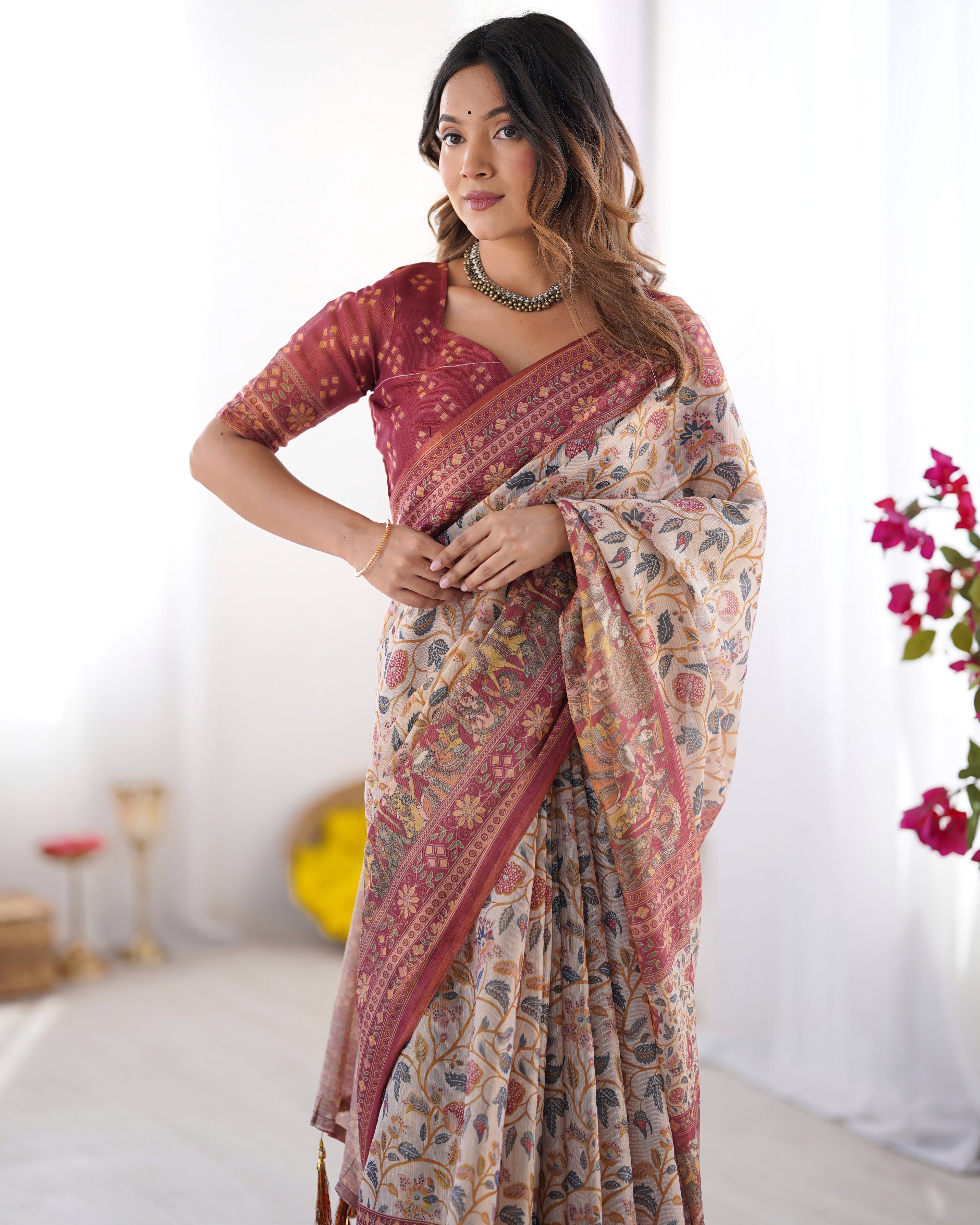 Handloom Beige Cotton Saree with Maroon Blouse, Pomegranate Floral Print & Village Tale Pallu