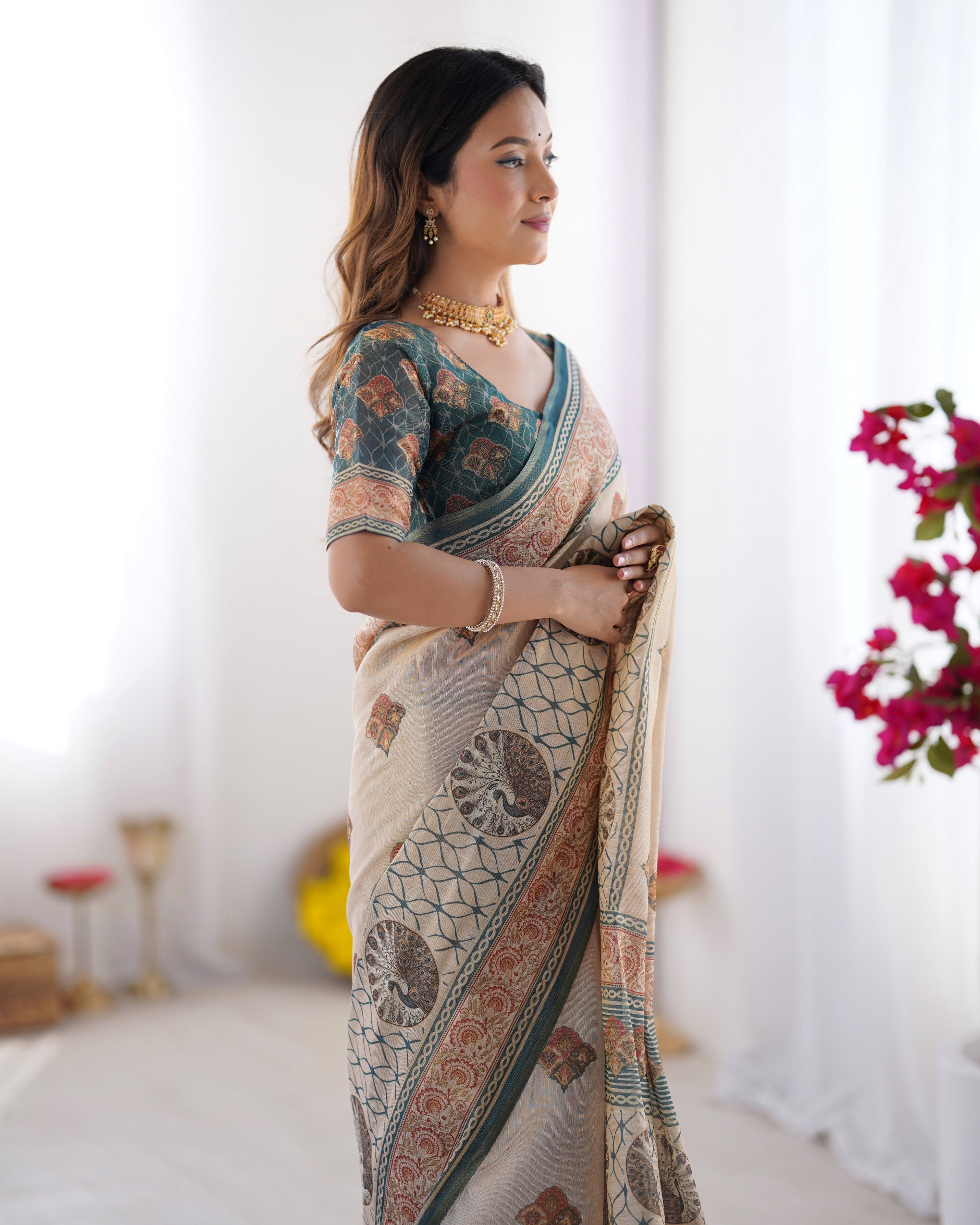 Ivory & Teal Handloom Cotton Saree with Buti Print, Mandala Motifs & Peacock Pallu