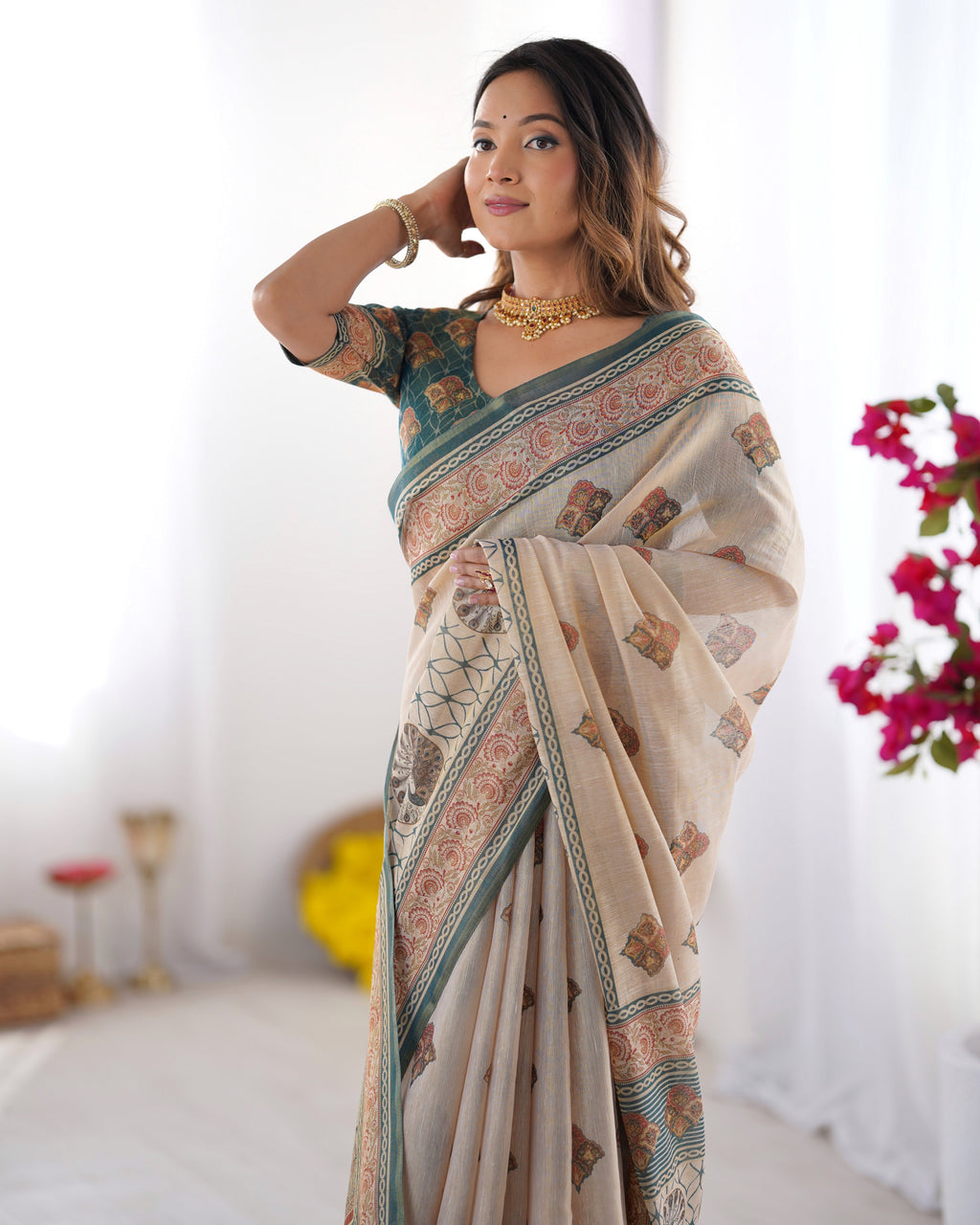 Ivory & Teal Handloom Cotton Saree with Buti Print, Mandala Motifs & Peacock Pallu
