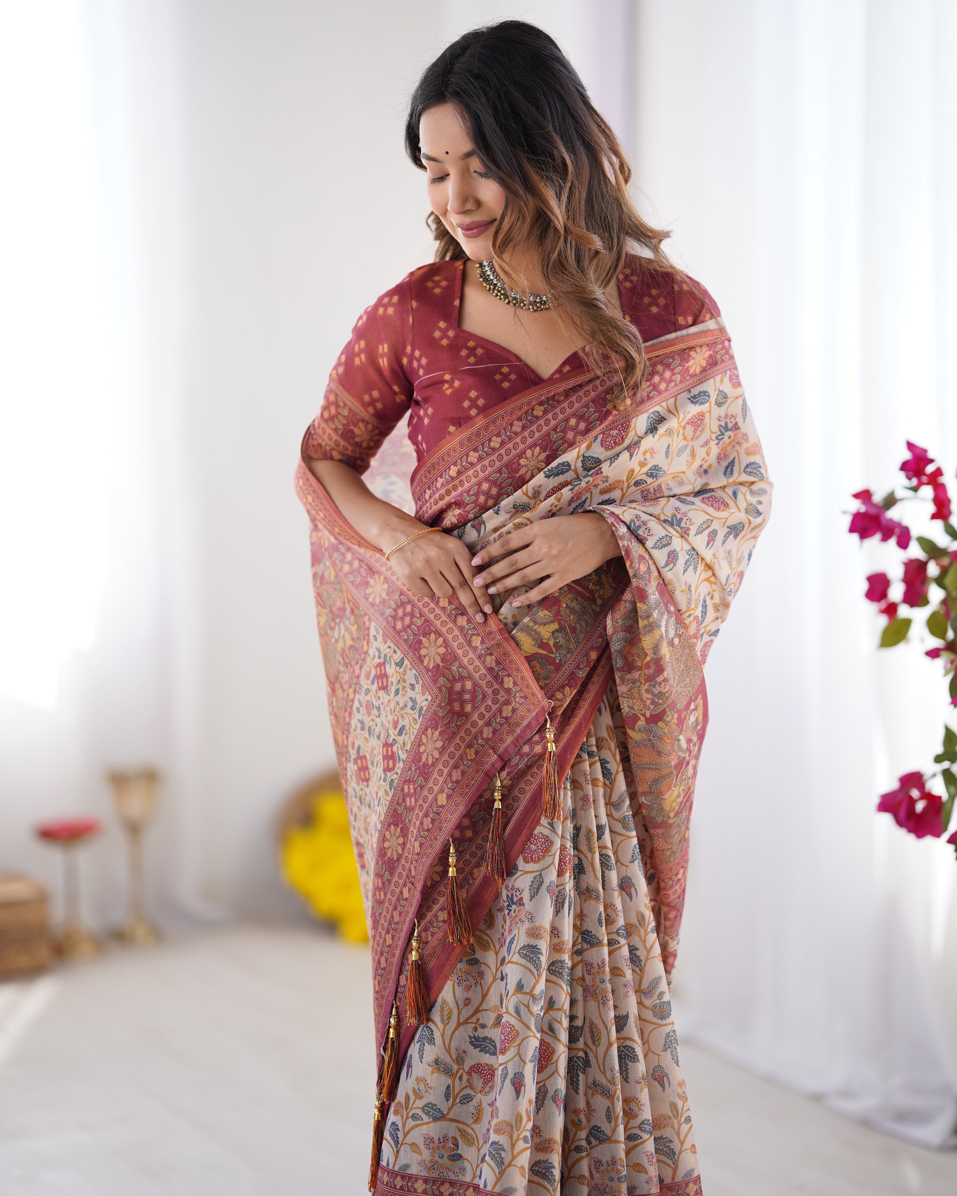 Handloom Beige Cotton Saree with Maroon Blouse, Pomegranate Floral Print & Village Tale Pallu