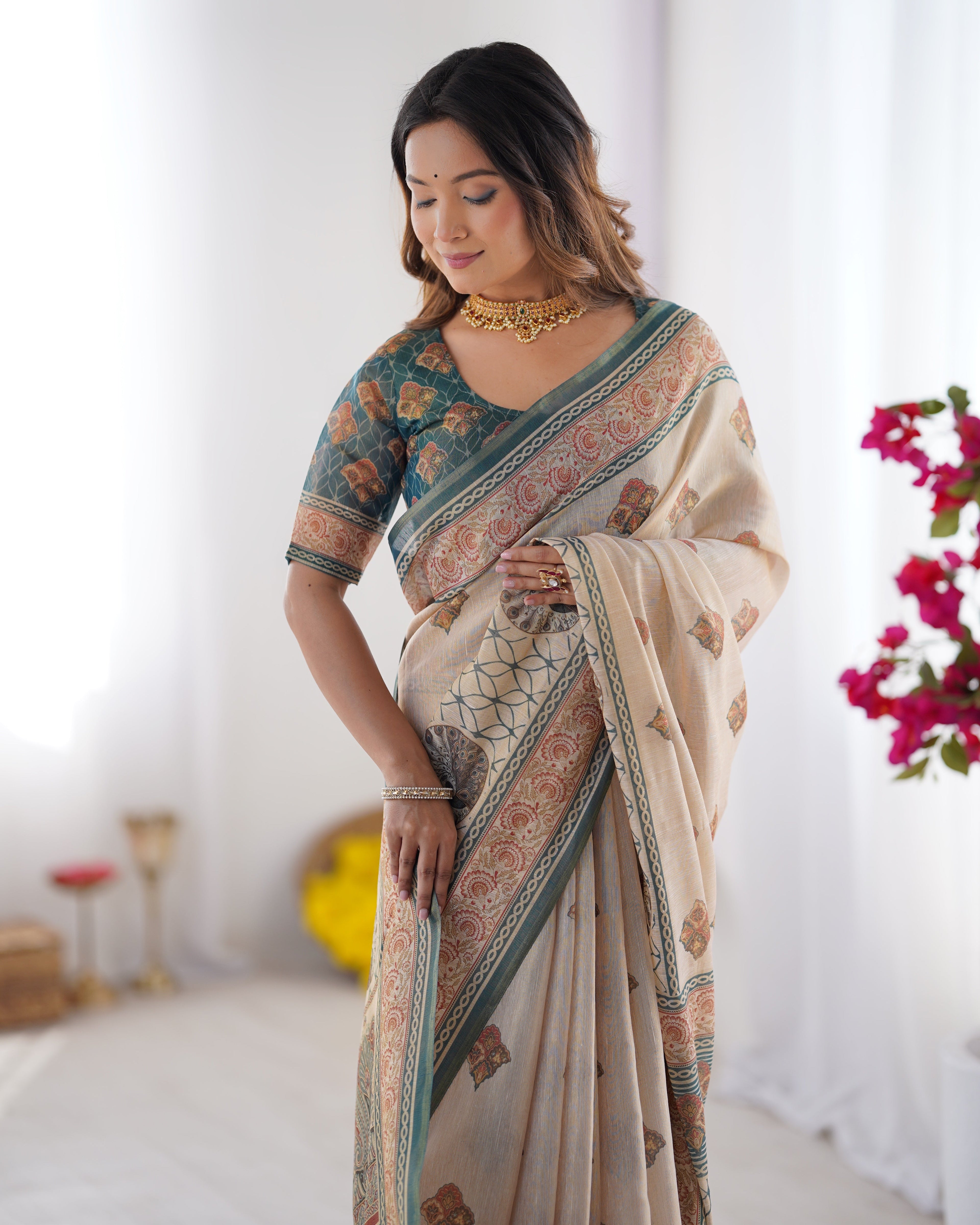 Ivory & Teal Handloom Cotton Saree with Buti Print, Mandala Motifs & Peacock Pallu