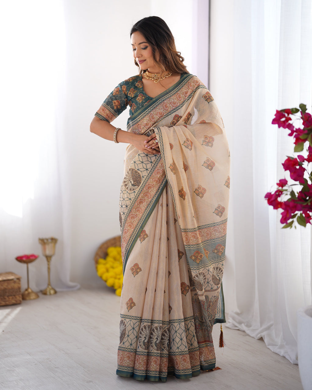 Ivory & Teal Handloom Cotton Saree with Buti Print, Mandala Motifs & Peacock Pallu