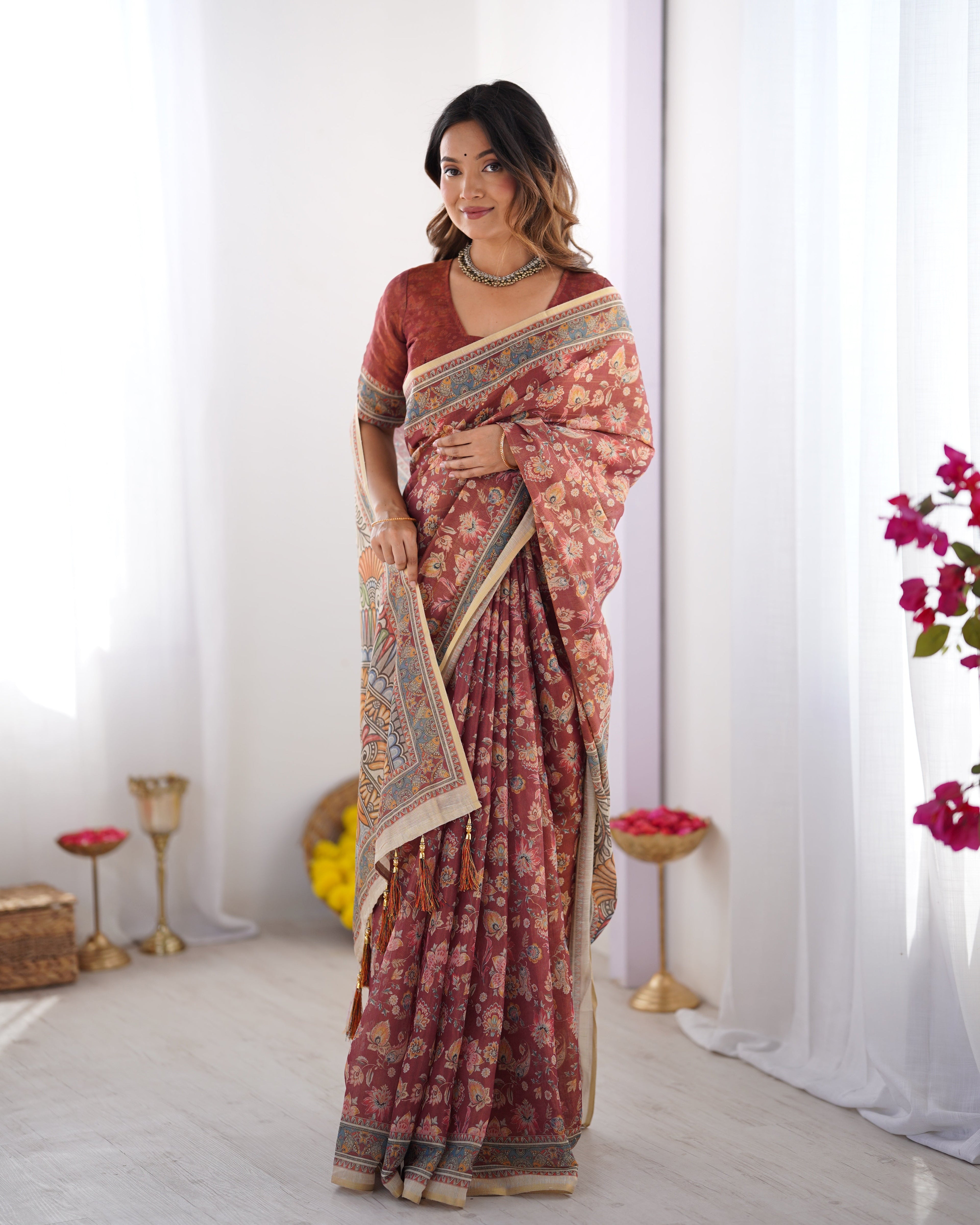 Rust Maroon Handloom Cotton Saree with Floral Jaal & Multicolor Mandala Pallu Art