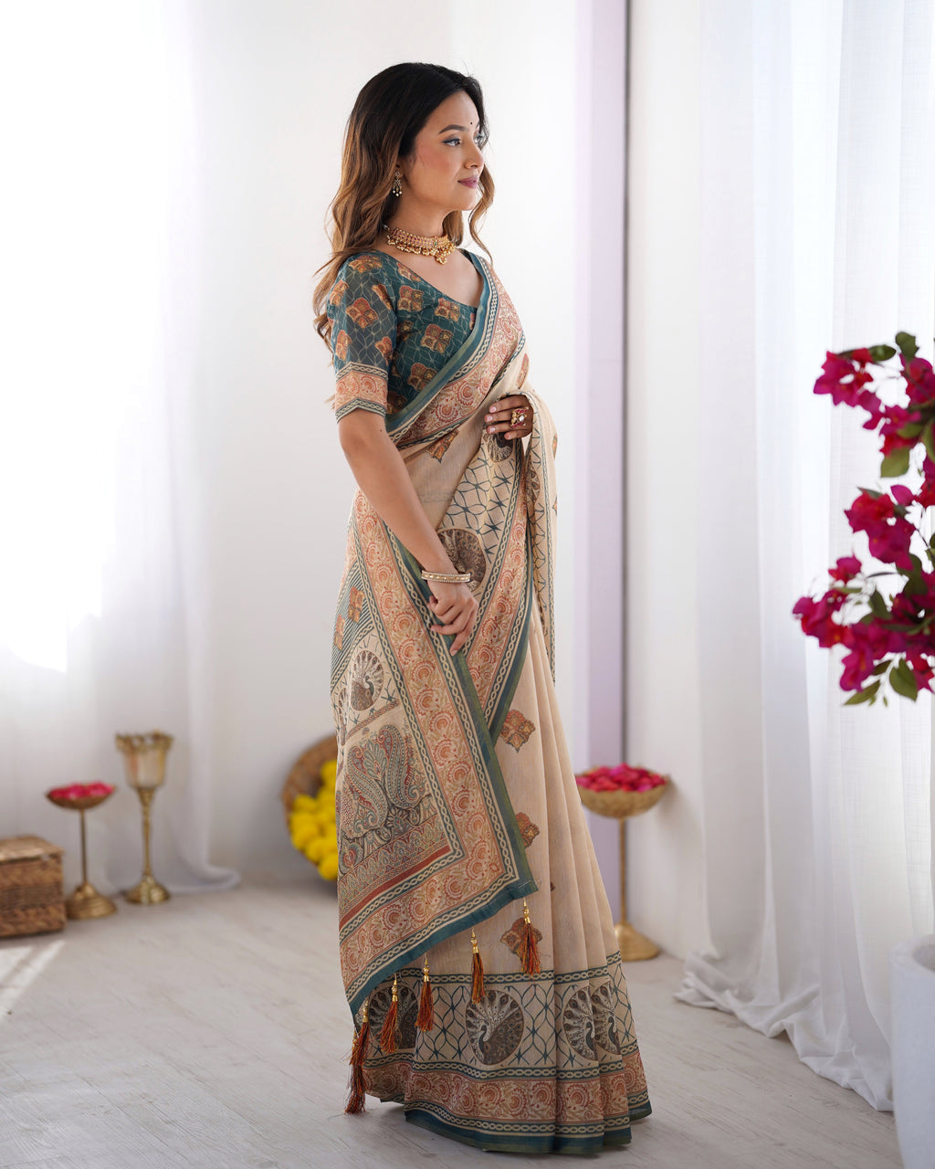 Ivory & Teal Handloom Cotton Saree with Buti Print, Mandala Motifs & Peacock Pallu