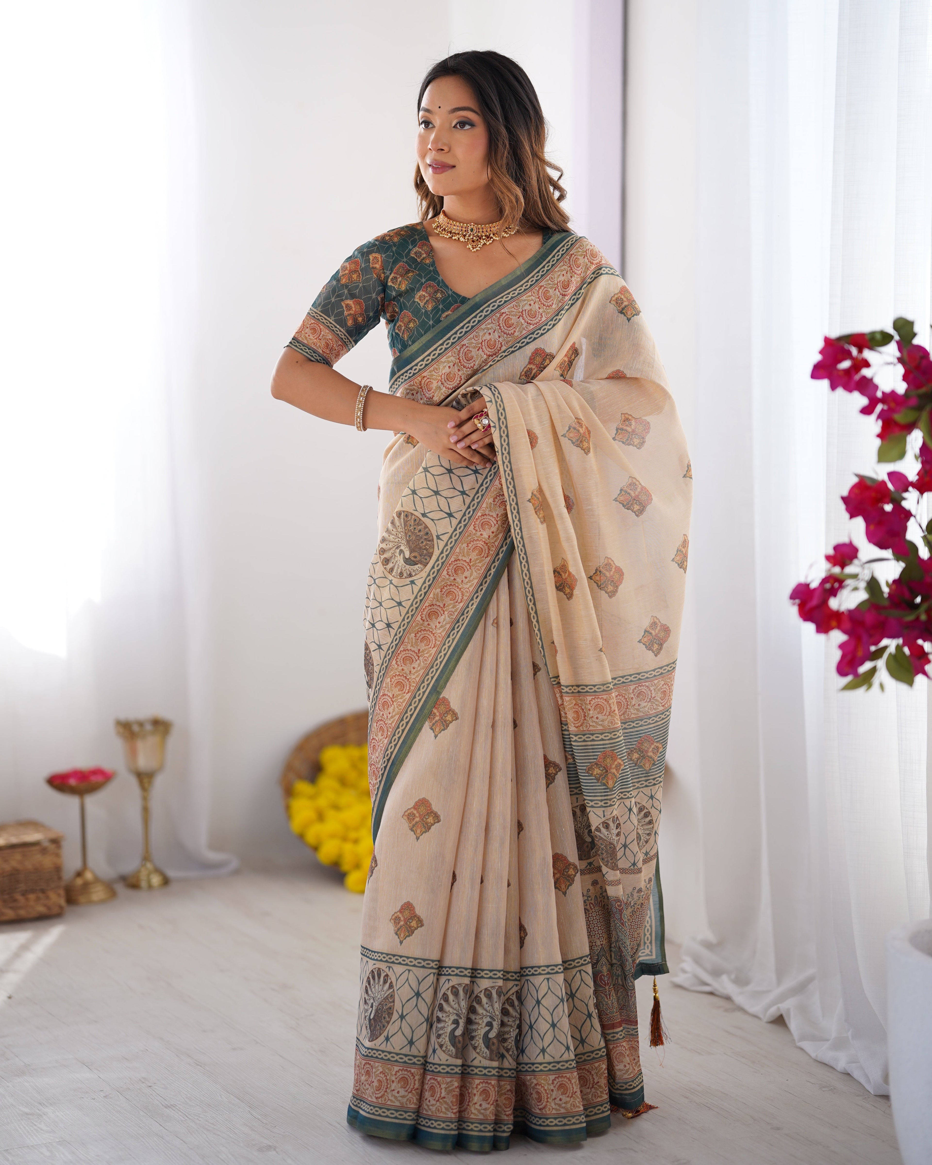 Ivory & Teal Handloom Cotton Saree with Buti Print, Mandala Motifs & Peacock Pallu