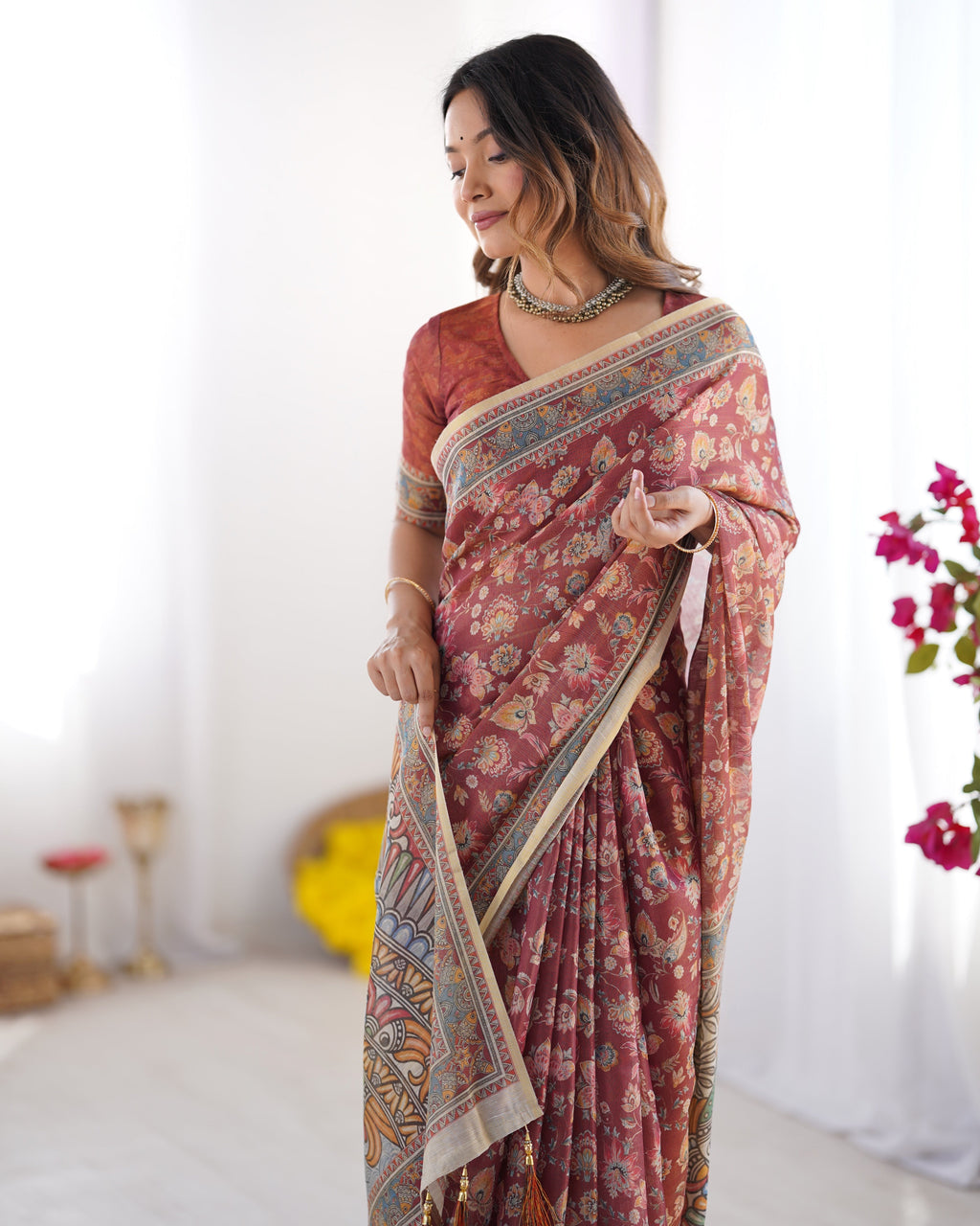 Rust Maroon Handloom Cotton Saree with Floral Jaal & Multicolor Mandala Pallu Art