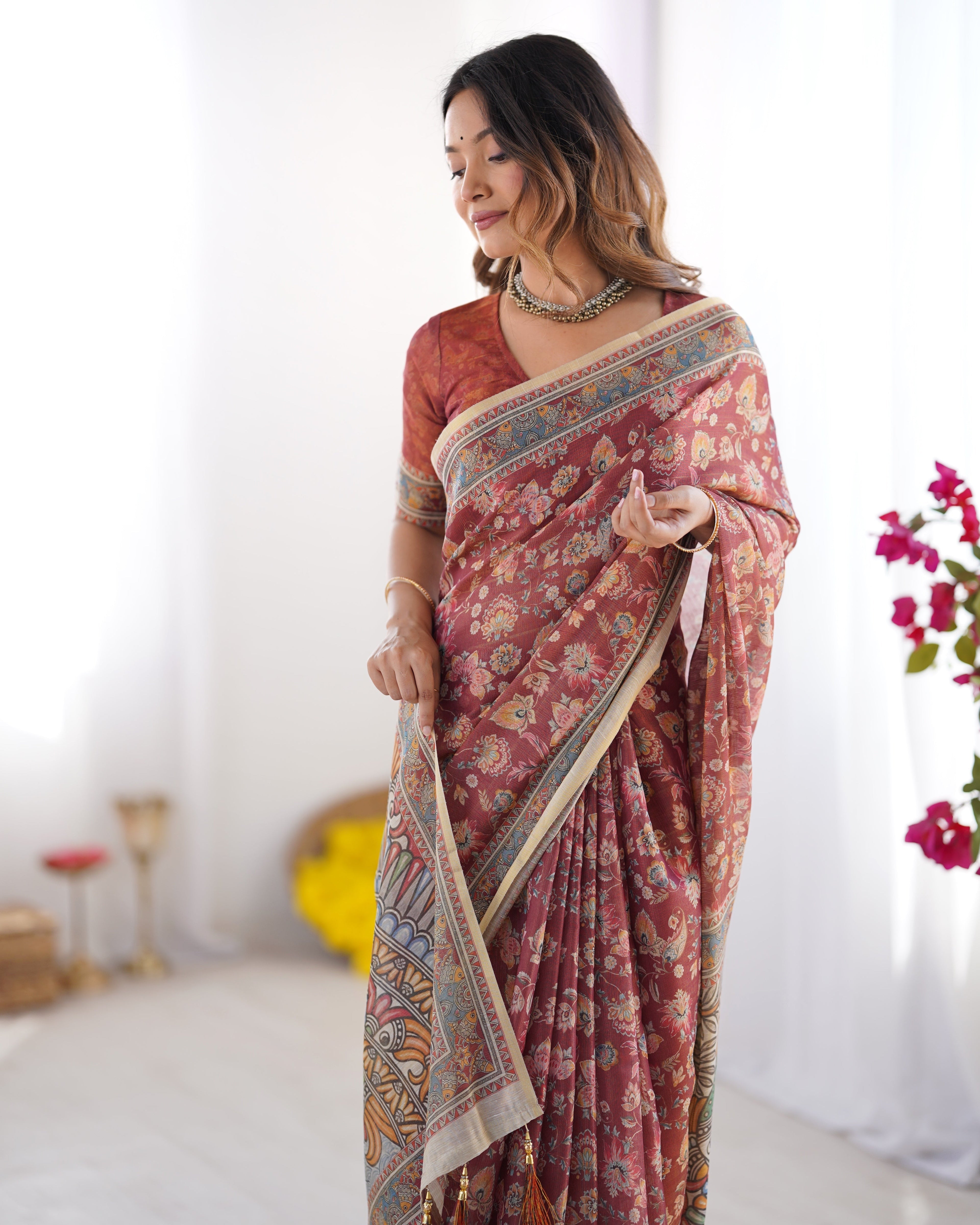 Rust Maroon Handloom Cotton Saree with Floral Jaal & Multicolor Mandala Pallu Art